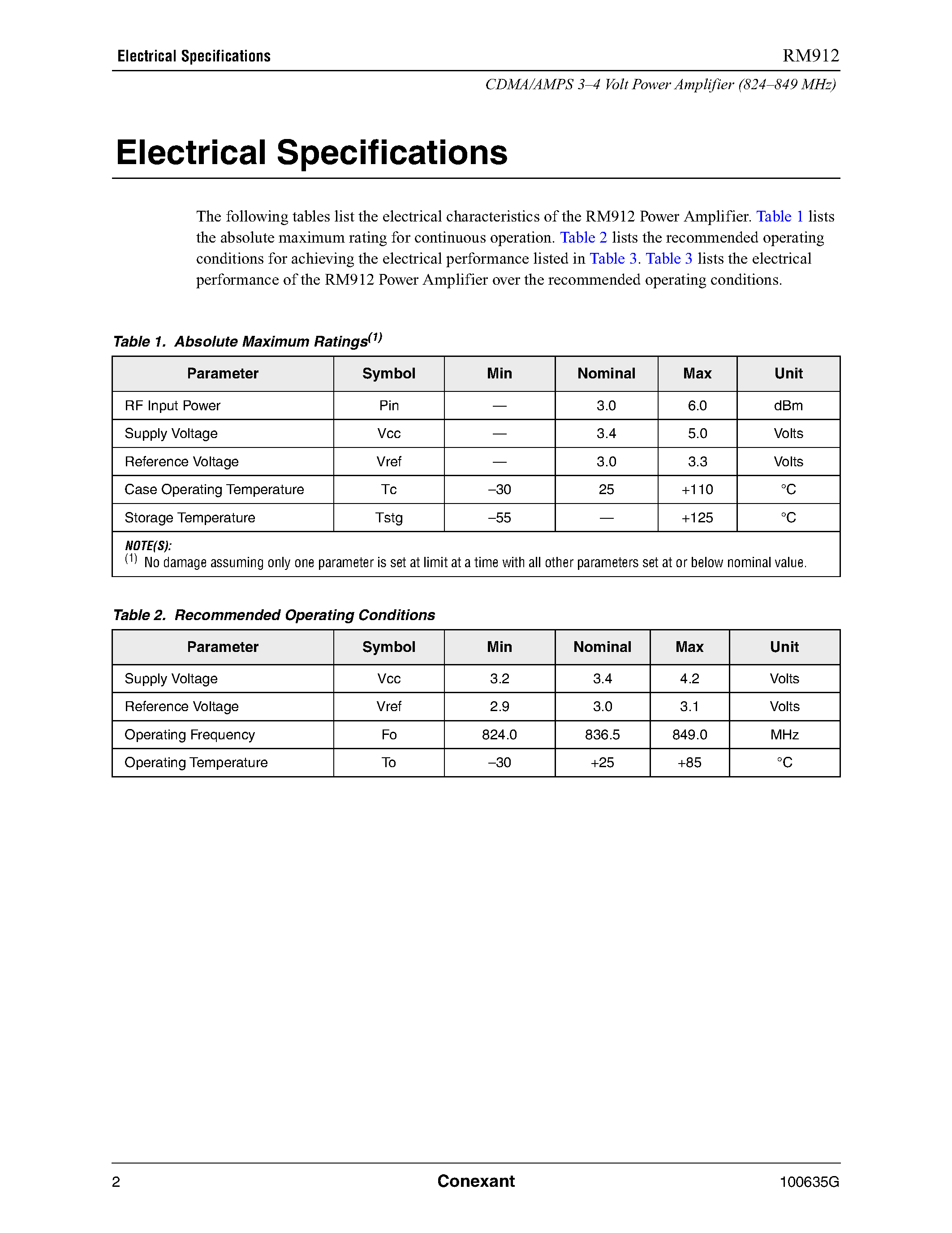 Datasheet RM912 - CDMA/AMPS 3-4 Volt Power Amplifier (824849 MHz) page 2