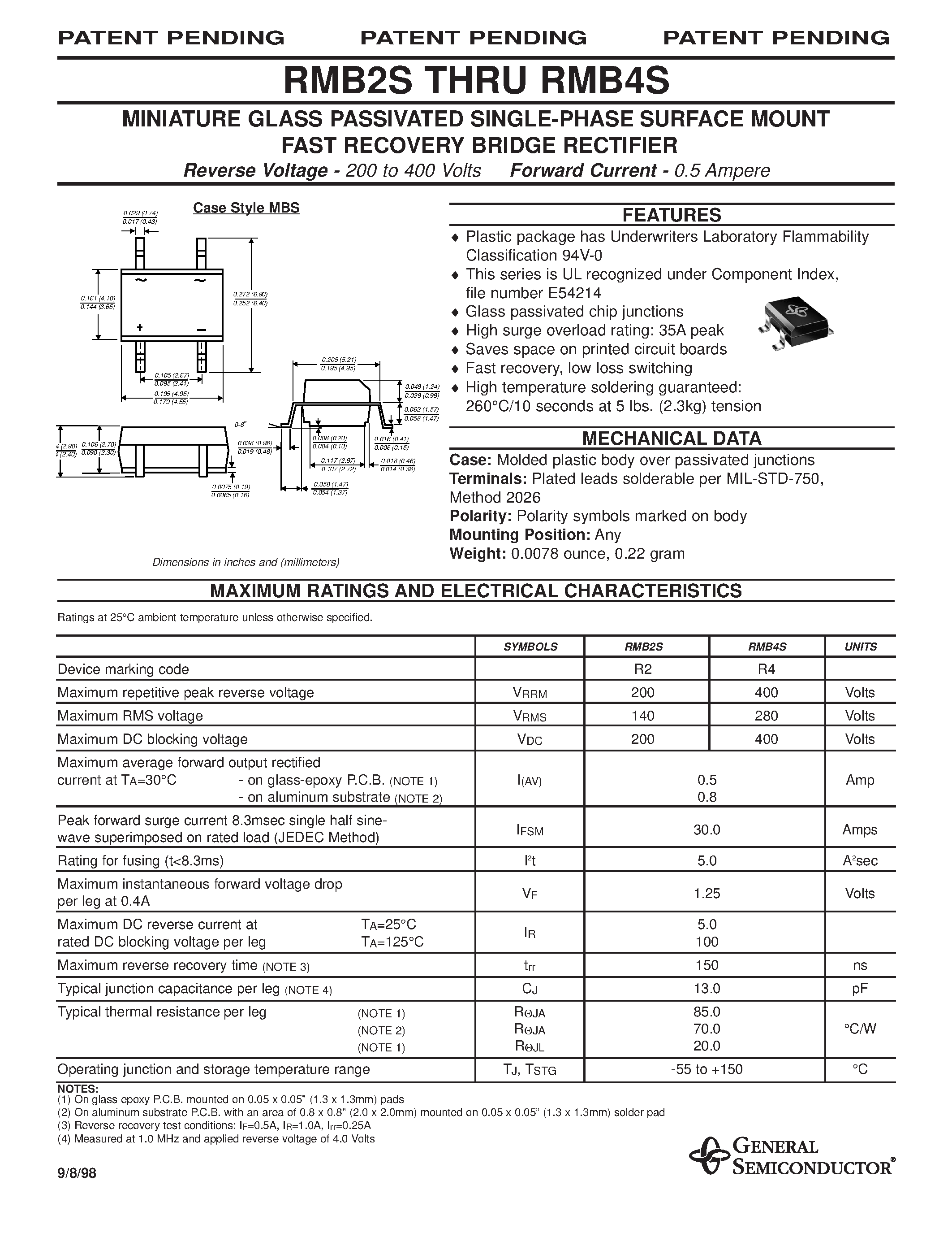 Даташит на микросхему RMB2S страница 1 Даташит RMB2S - MINIATURE GLASS PASSIVATED SINGLE-PHASE SURFACE MOUNT FAST RECOVERY BRIDGE RECTIFIER страница 1