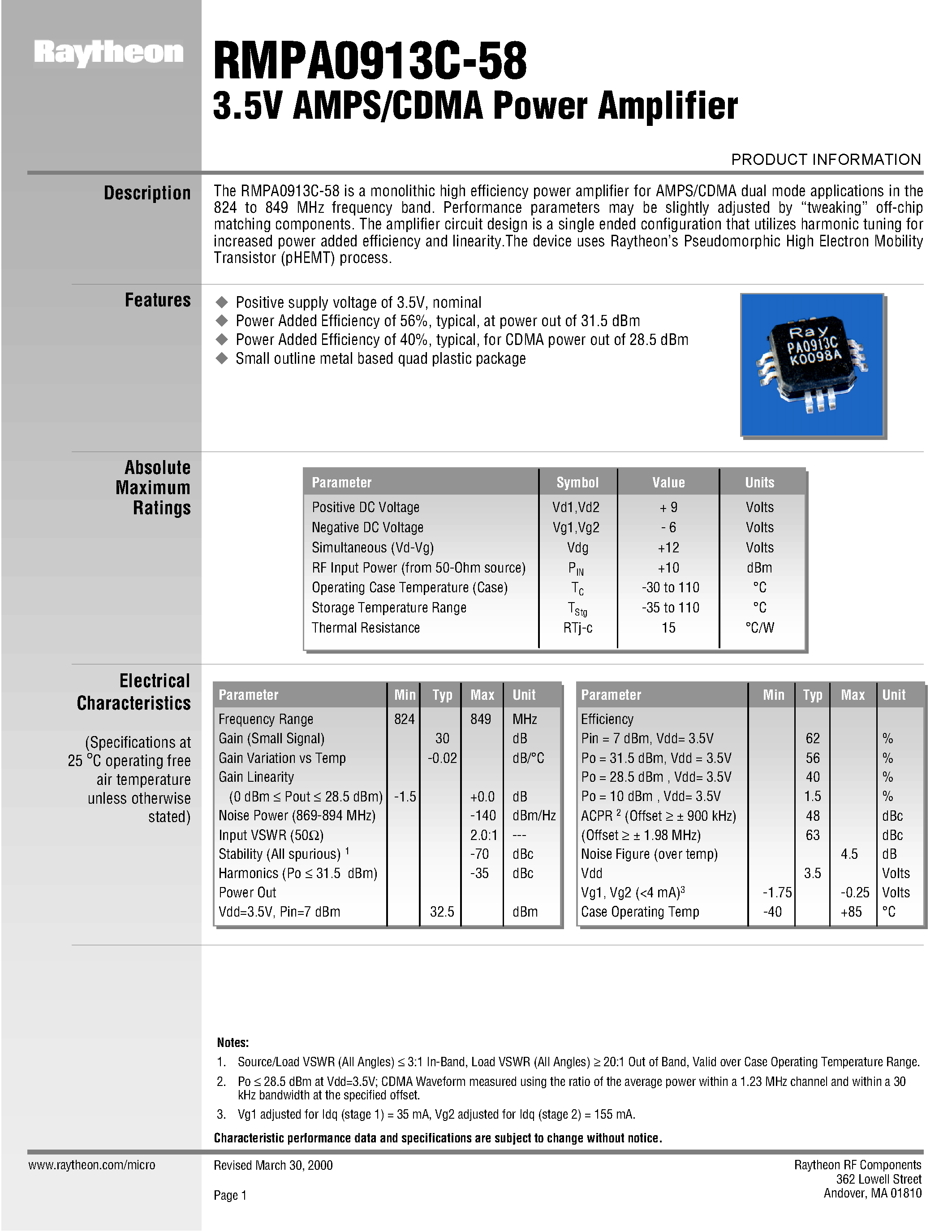 Datasheet RMPA0913C-58 - 3.5V AMPS/CDMA Power Amplifier page 1