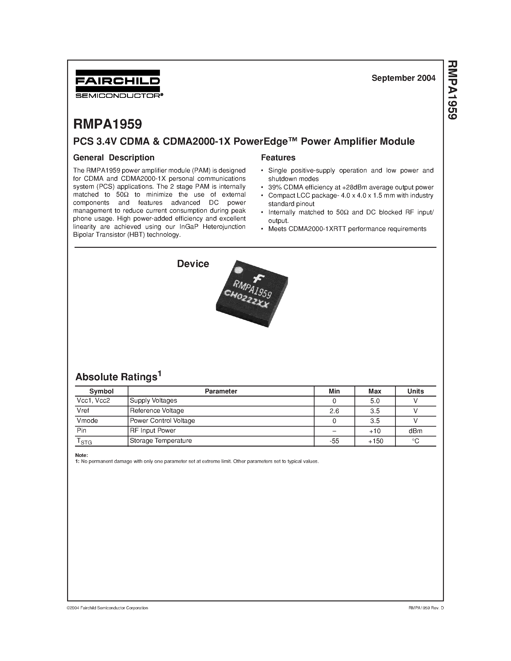 Datasheet RMPA1959 - PCS 3.4V CDMA & CDMA2000-1X PowerEdge Power Amplifier Module page 1
