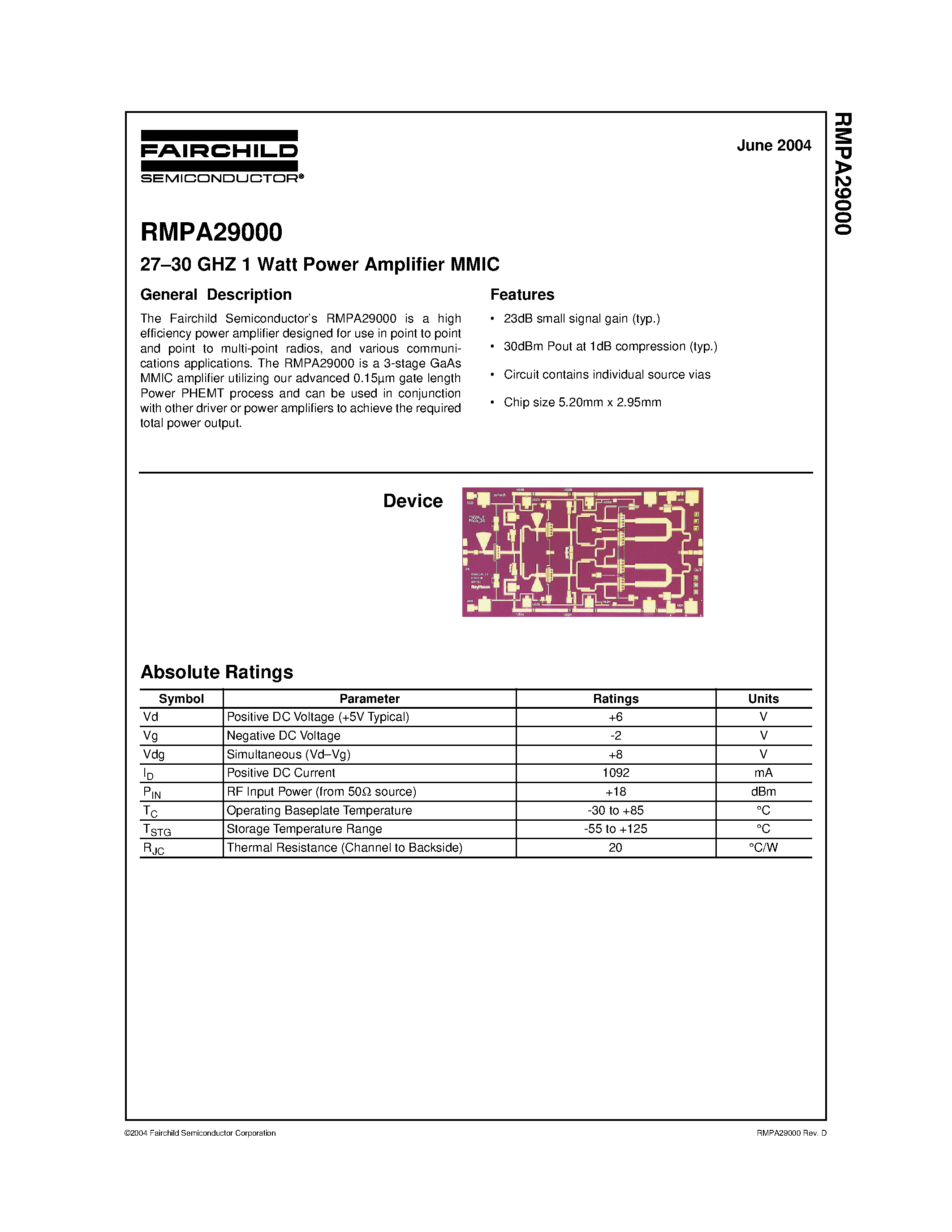 Datasheet RMPA29000 page 1 Datasheet RMPA29000 - 27-30 GHZ 1 Watt Power Amplifier MMIC page 1