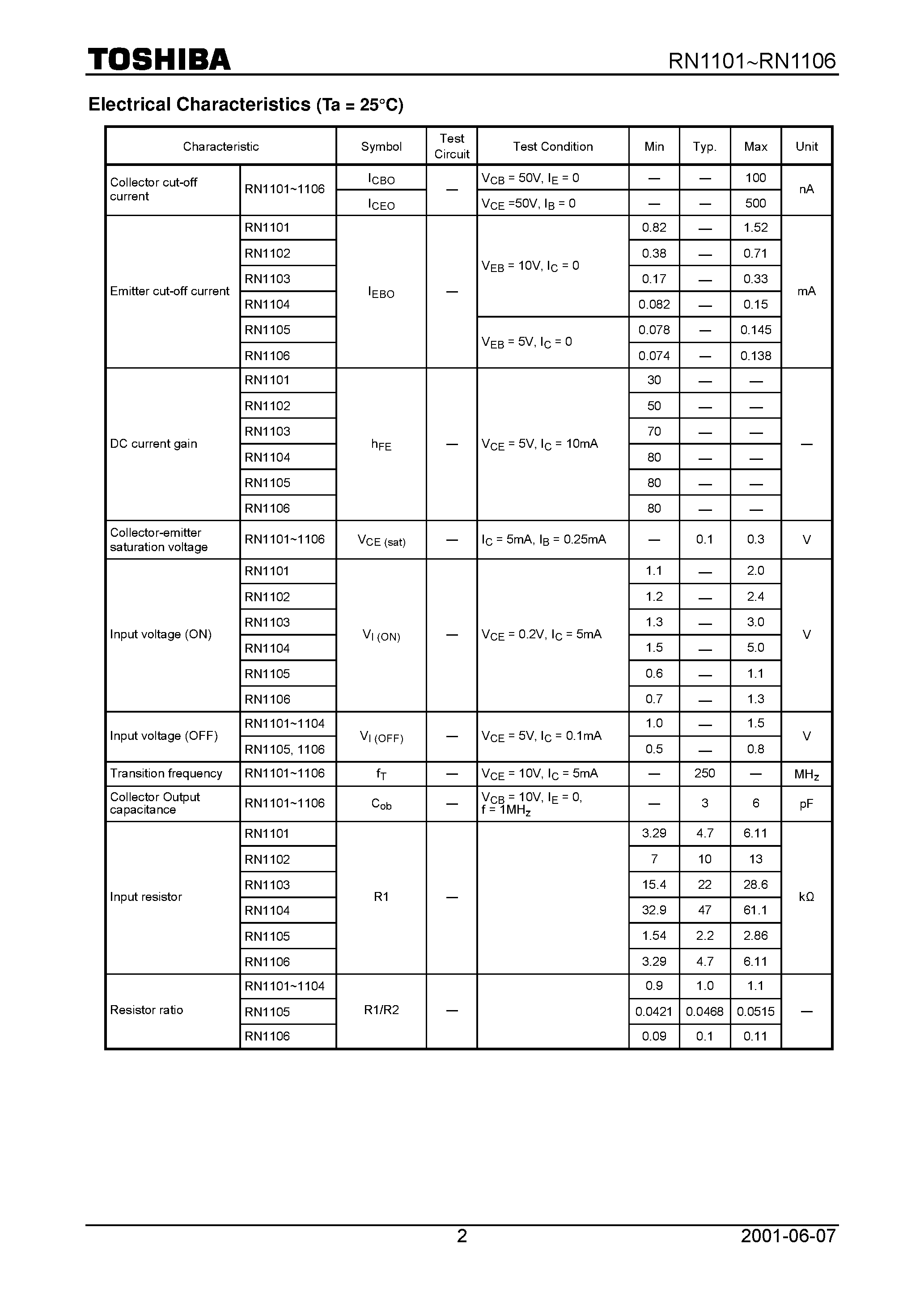 Datasheet RN1102 - Switching/ Inverter Circuit/ Interface Circuit And Driver Circuit Applications page 2