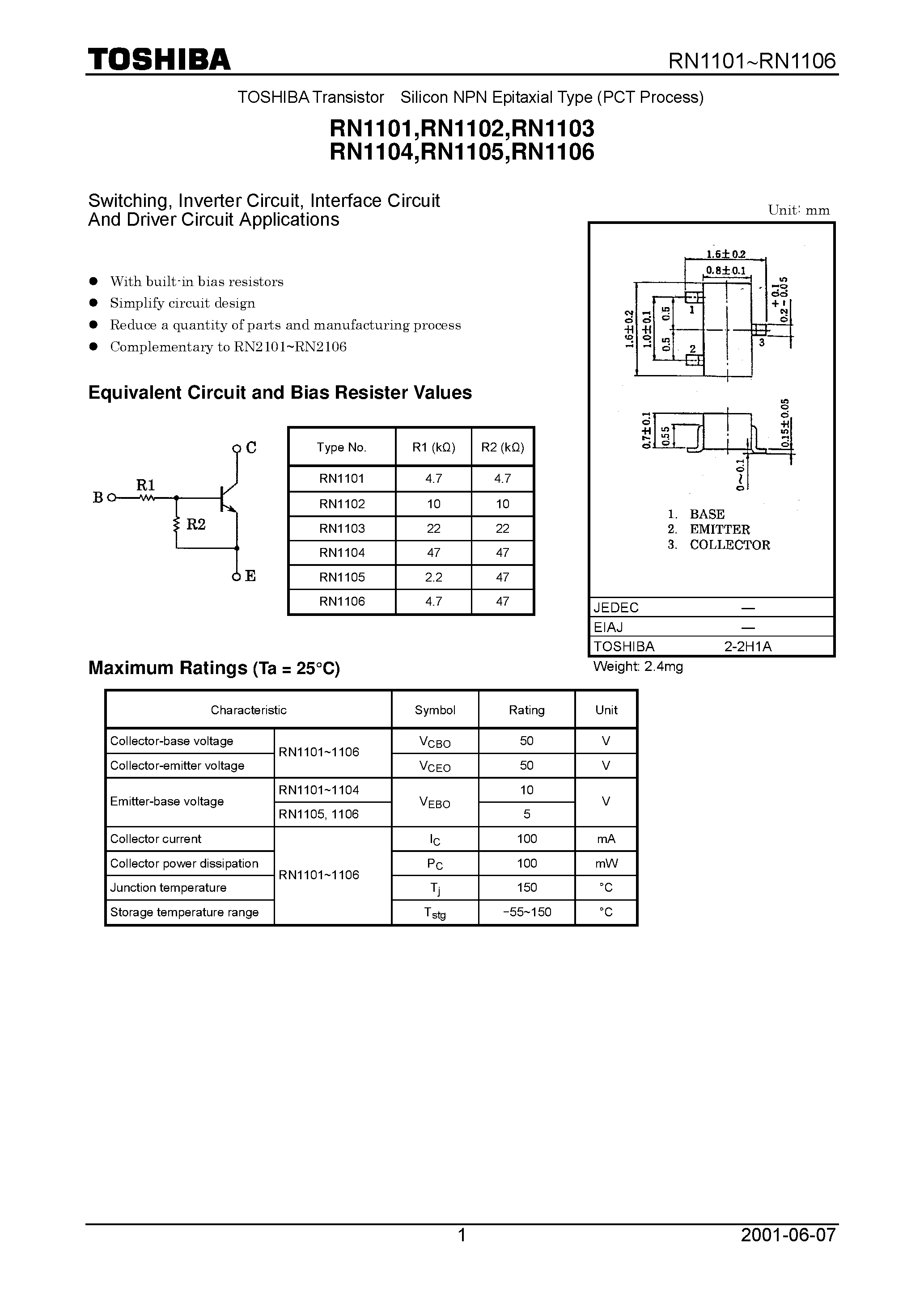 Datasheet RN1106 page 1 Datasheet RN1106 - Switching/ Inverter Circuit/ Interface Circuit And Driver Circuit Applications page 1