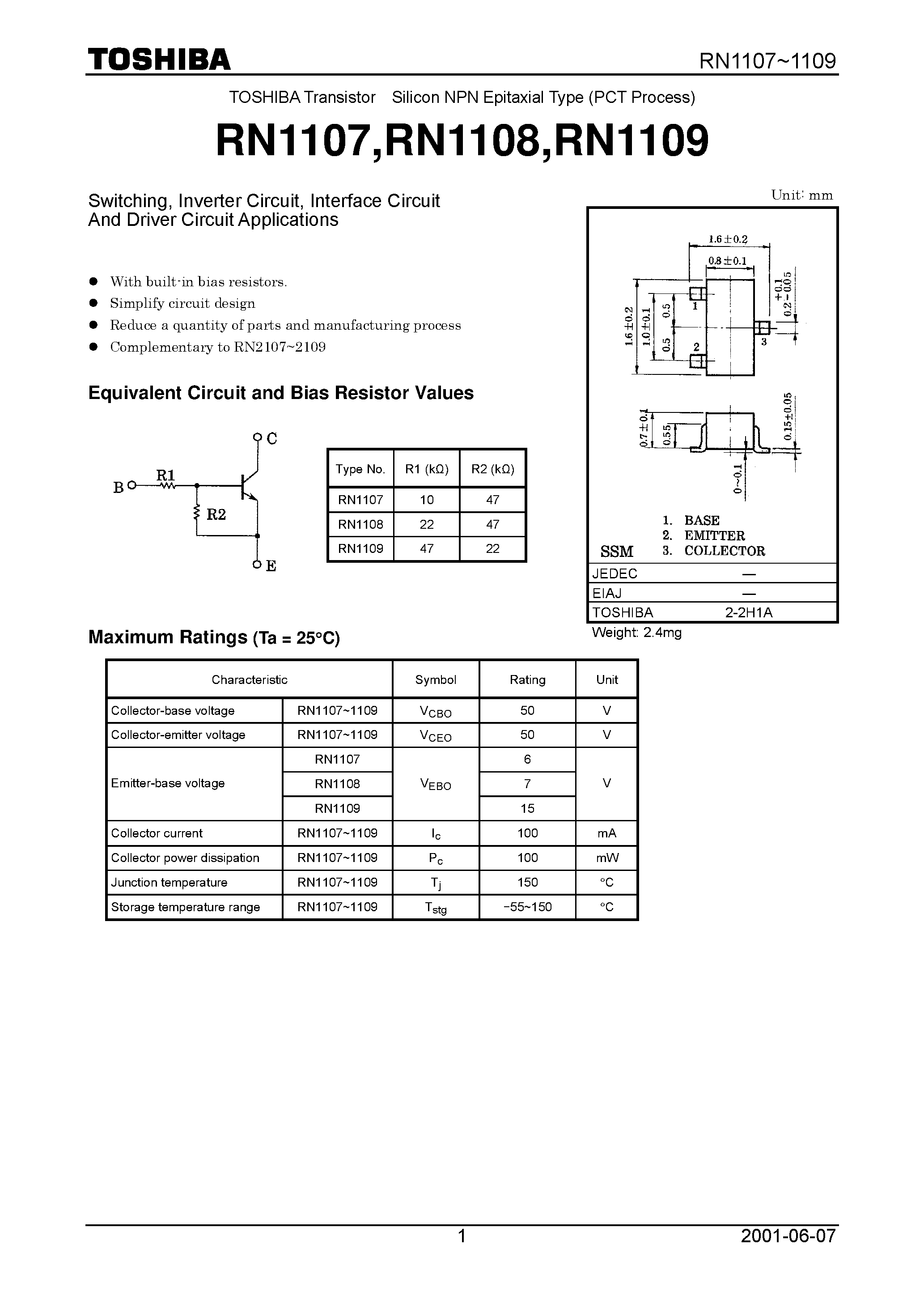 Datasheet RN1108 page 1 Datasheet RN1108 - Switching/ Inverter Circuit/ Interface Circuit And Driver Circuit Applications page 1