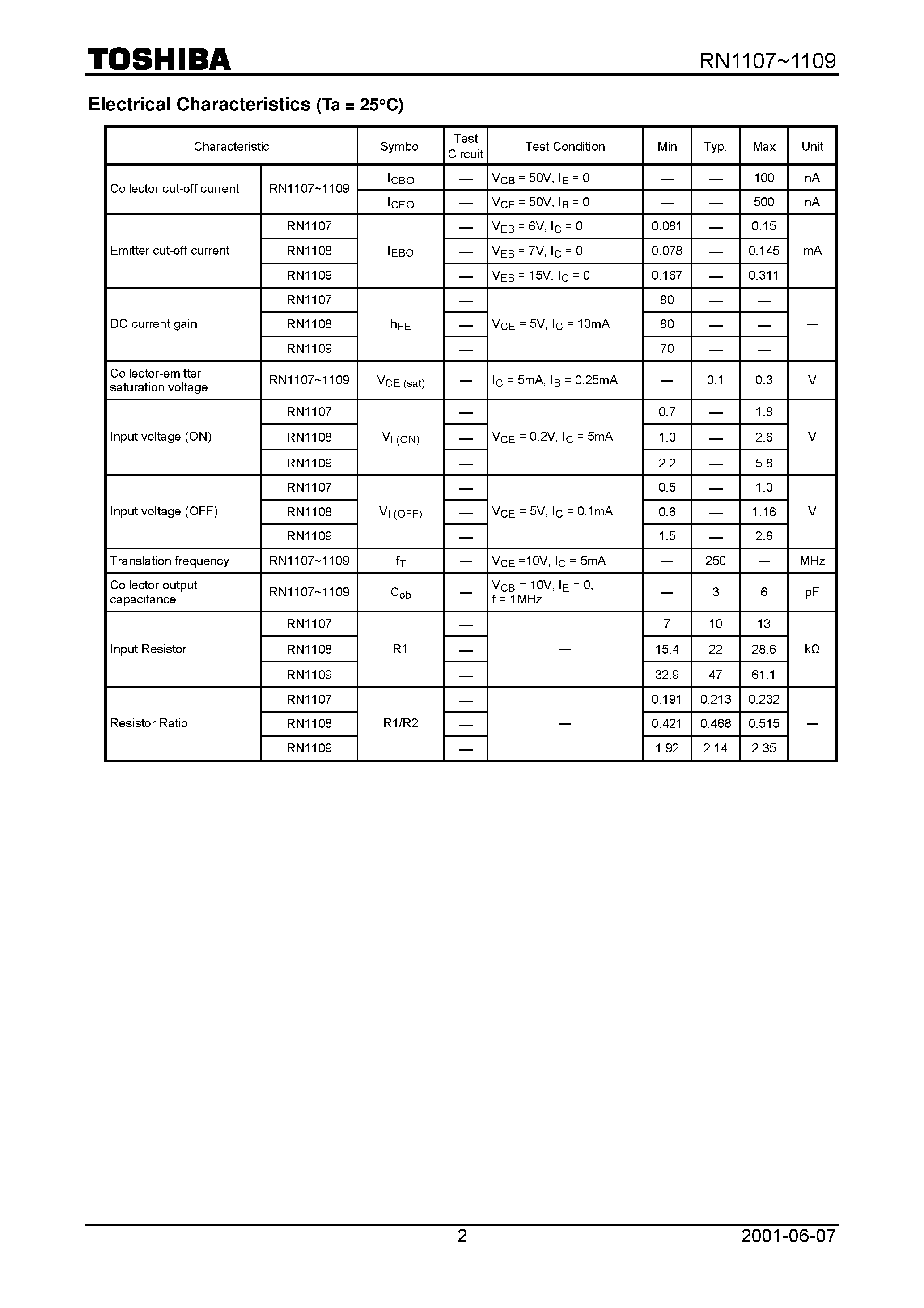 Datasheet RN1108 page 2 Datasheet RN1108 - Switching/ Inverter Circuit/ Interface Circuit And Driver Circuit Applications page 2