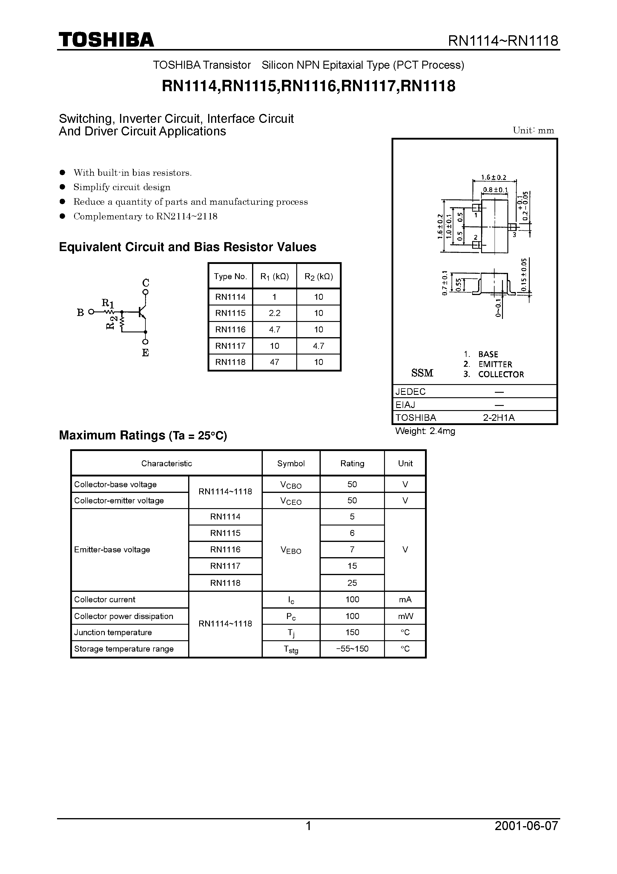 Datasheet RN1115 page 1 Datasheet RN1115 - Switching/ Inverter Circuit/ Interface Circuit And Driver Circuit Applications page 1