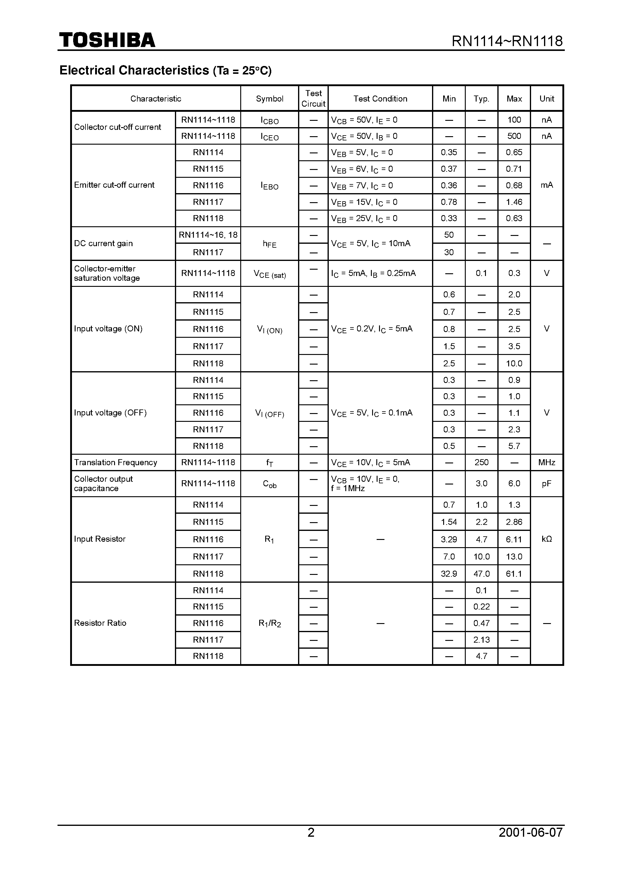 Datasheet RN1115 page 2 Datasheet RN1115 - Switching/ Inverter Circuit/ Interface Circuit And Driver Circuit Applications page 2