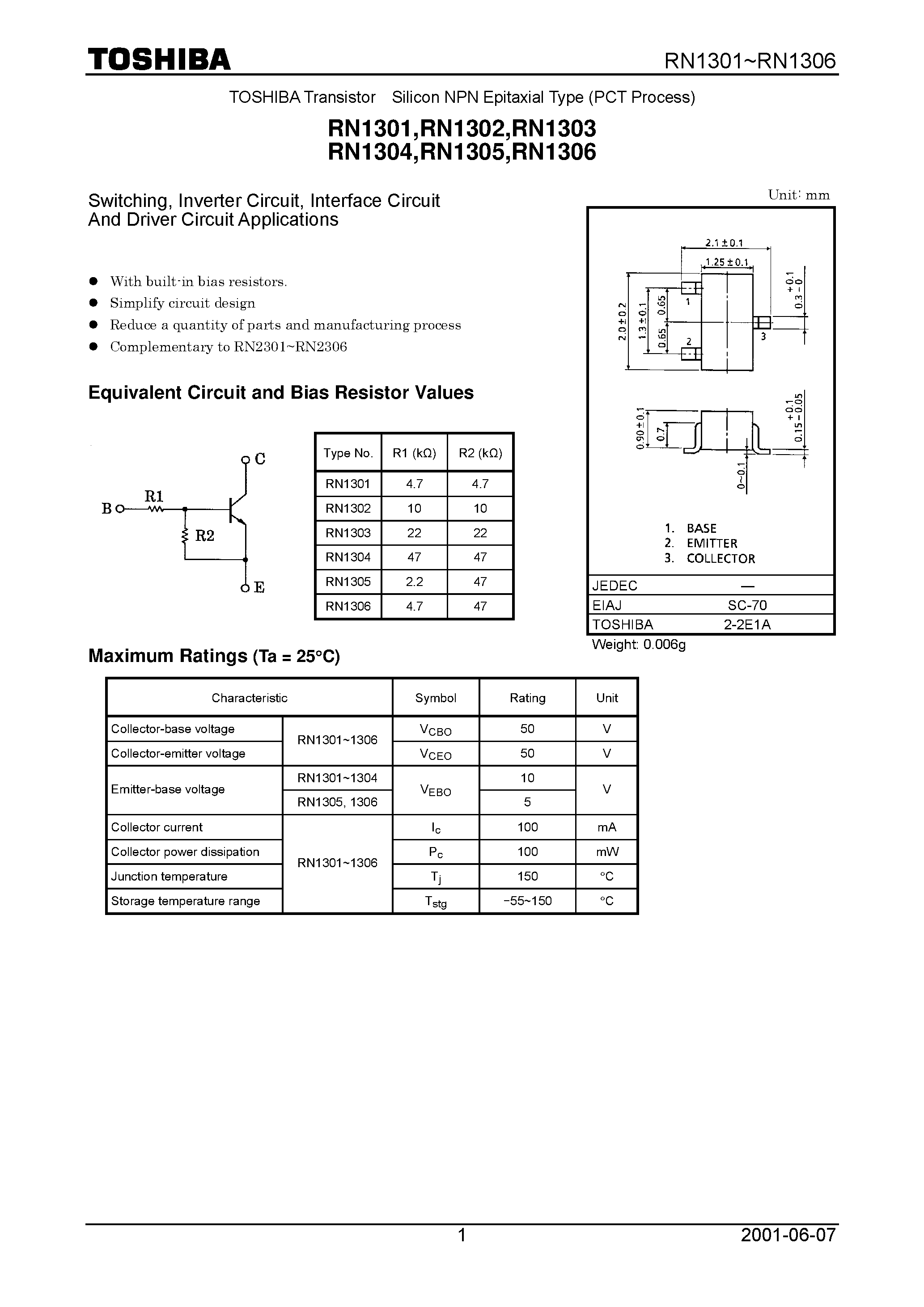 Datasheet RN1303 page 1 Datasheet RN1303 - Switching/ Inverter Circuit/ Interface Circuit And Driver Circuit Applications page 1