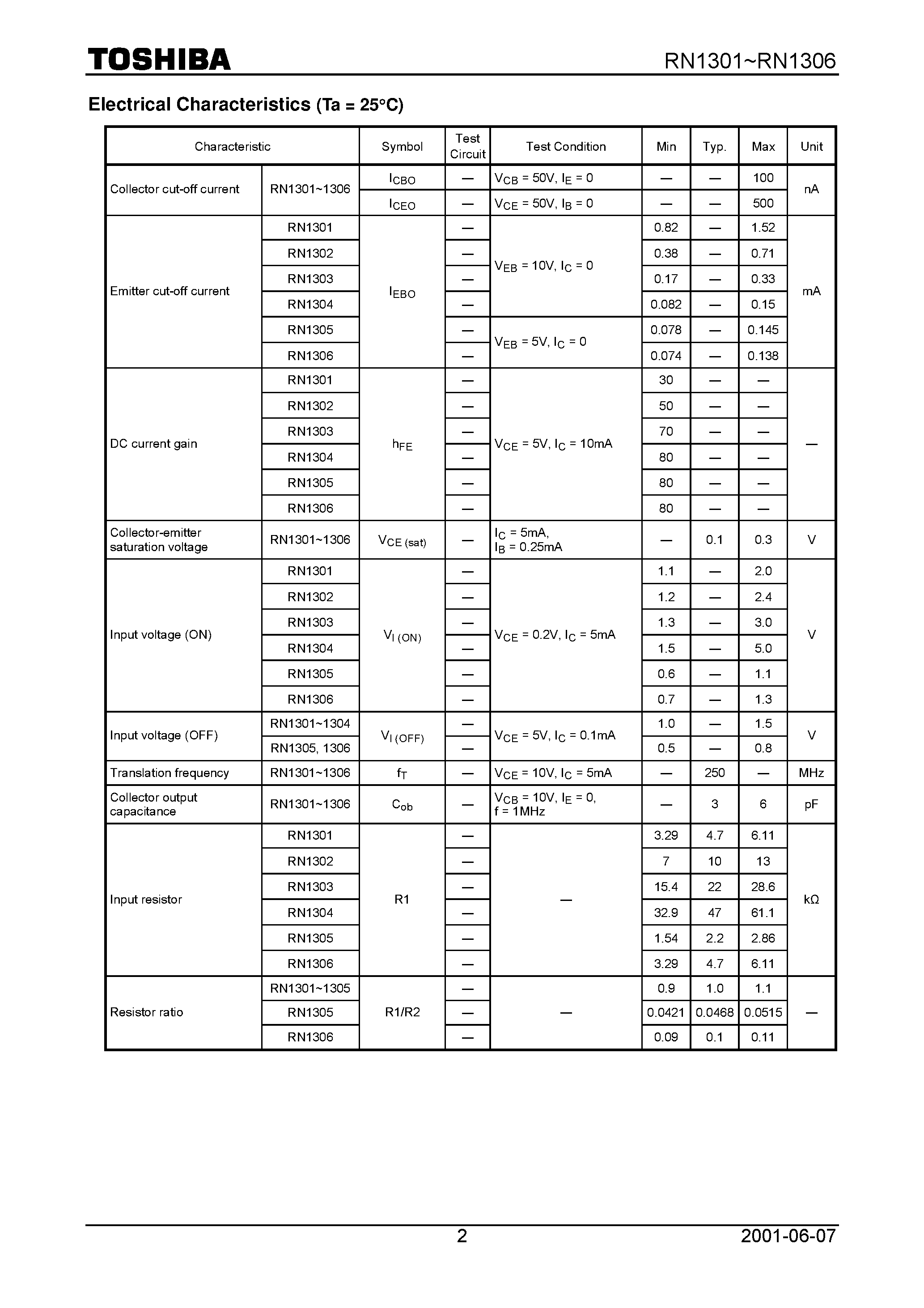 Datasheet RN1305 page 2 Datasheet RN1305 - Switching/ Inverter Circuit/ Interface Circuit And Driver Circuit Applications page 2