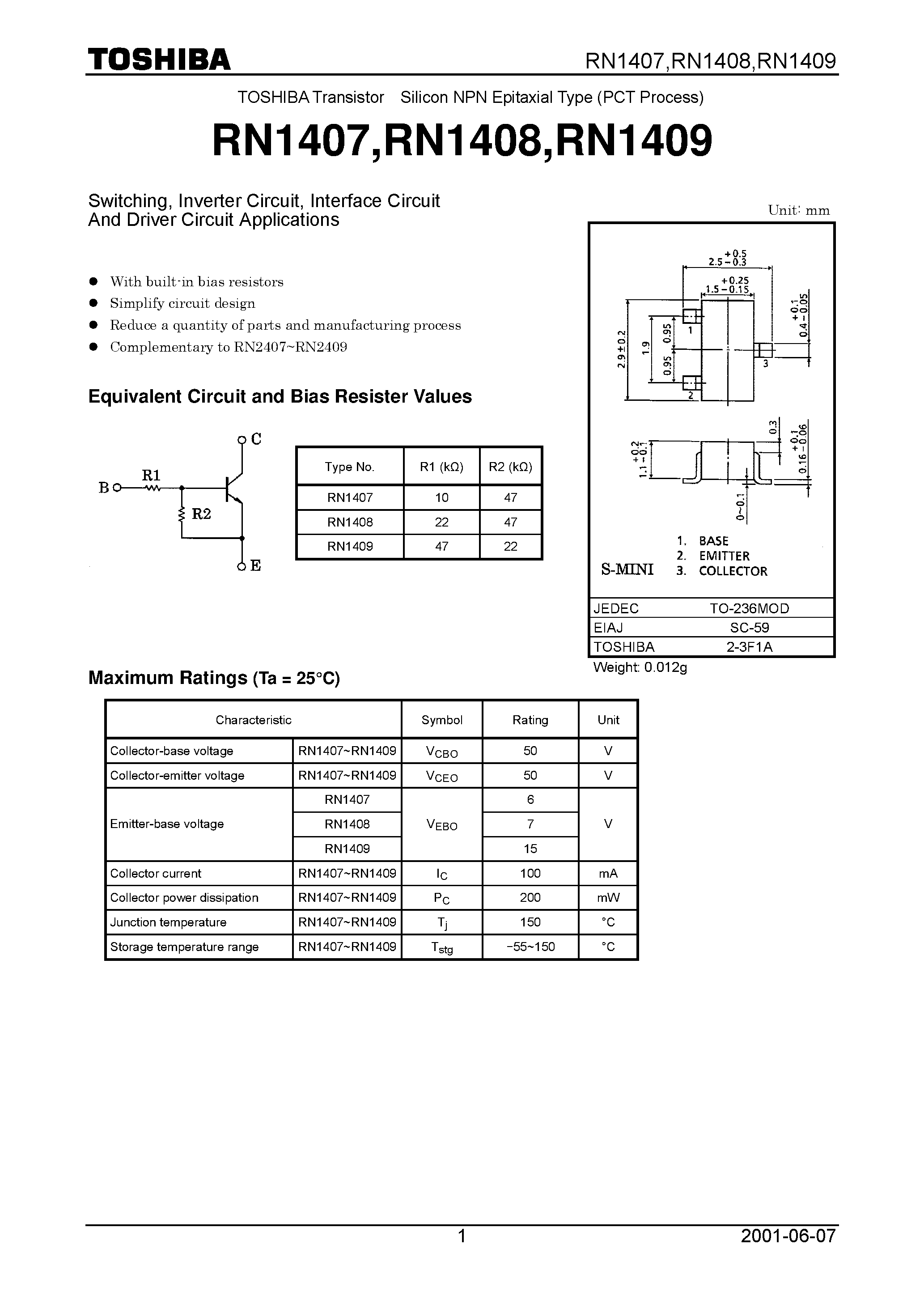 Datasheet RN1407 page 1 Datasheet RN1407 - Switching/ Inverter Circuit/ Interface Circuit And Driver Circuit Applications page 1