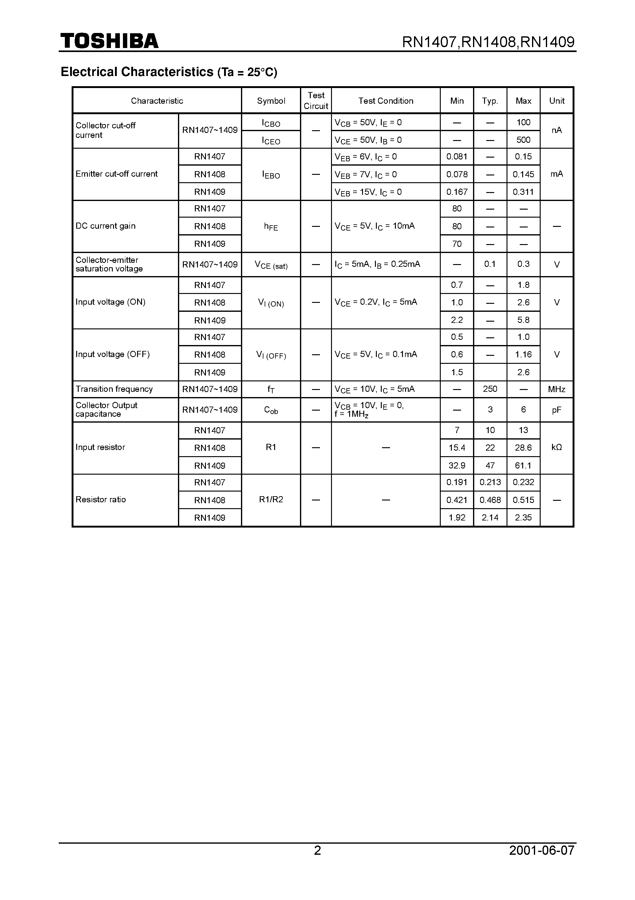Datasheet RN1408 page 2 Datasheet RN1408 - Switching/ Inverter Circuit/ Interface Circuit And Driver Circuit Applications page 2