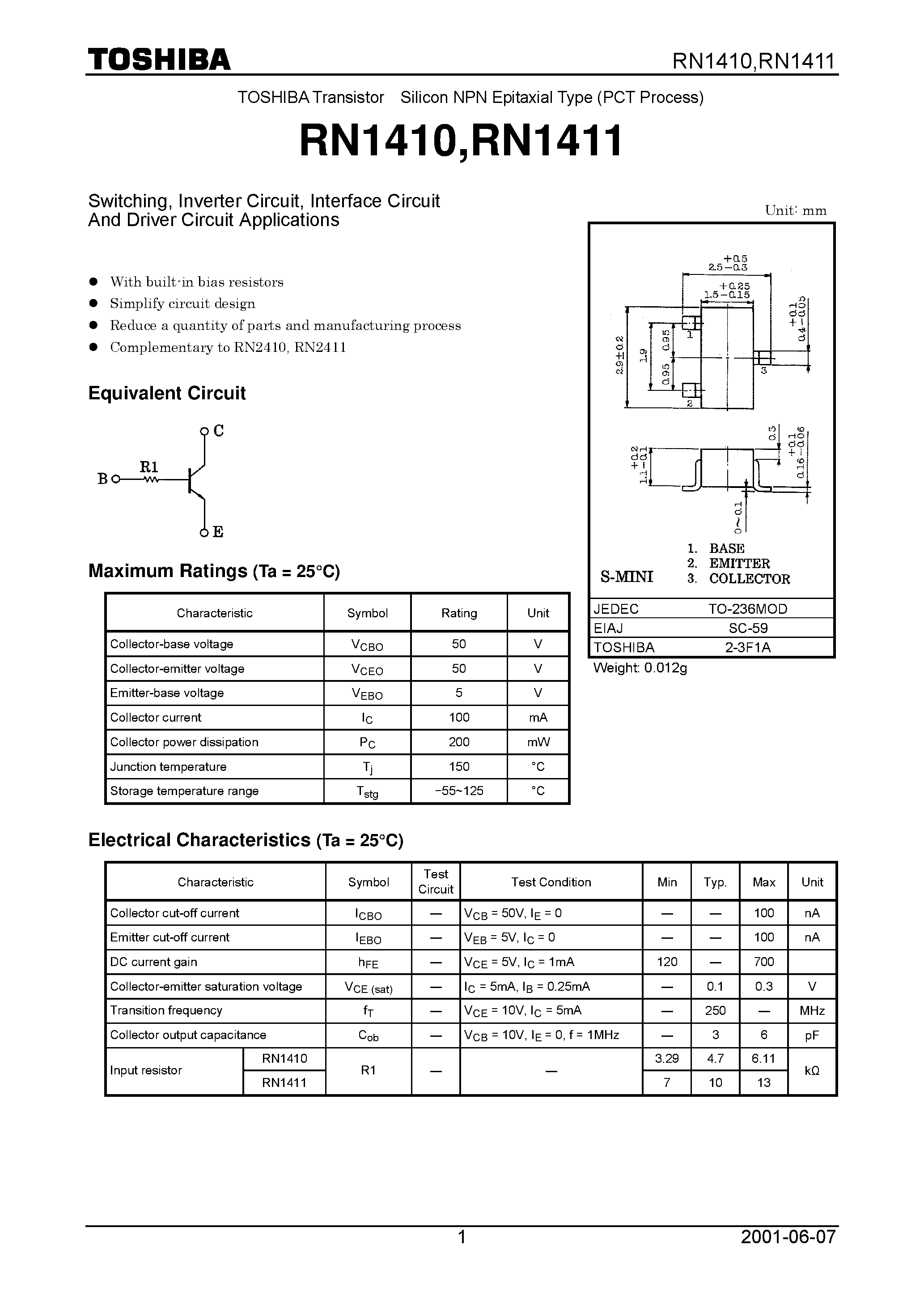 Datasheet RN1410 page 1 Datasheet RN1410 - Switching/ Inverter Circuit/ Interface Circuit And Driver Circuit Applications page 1