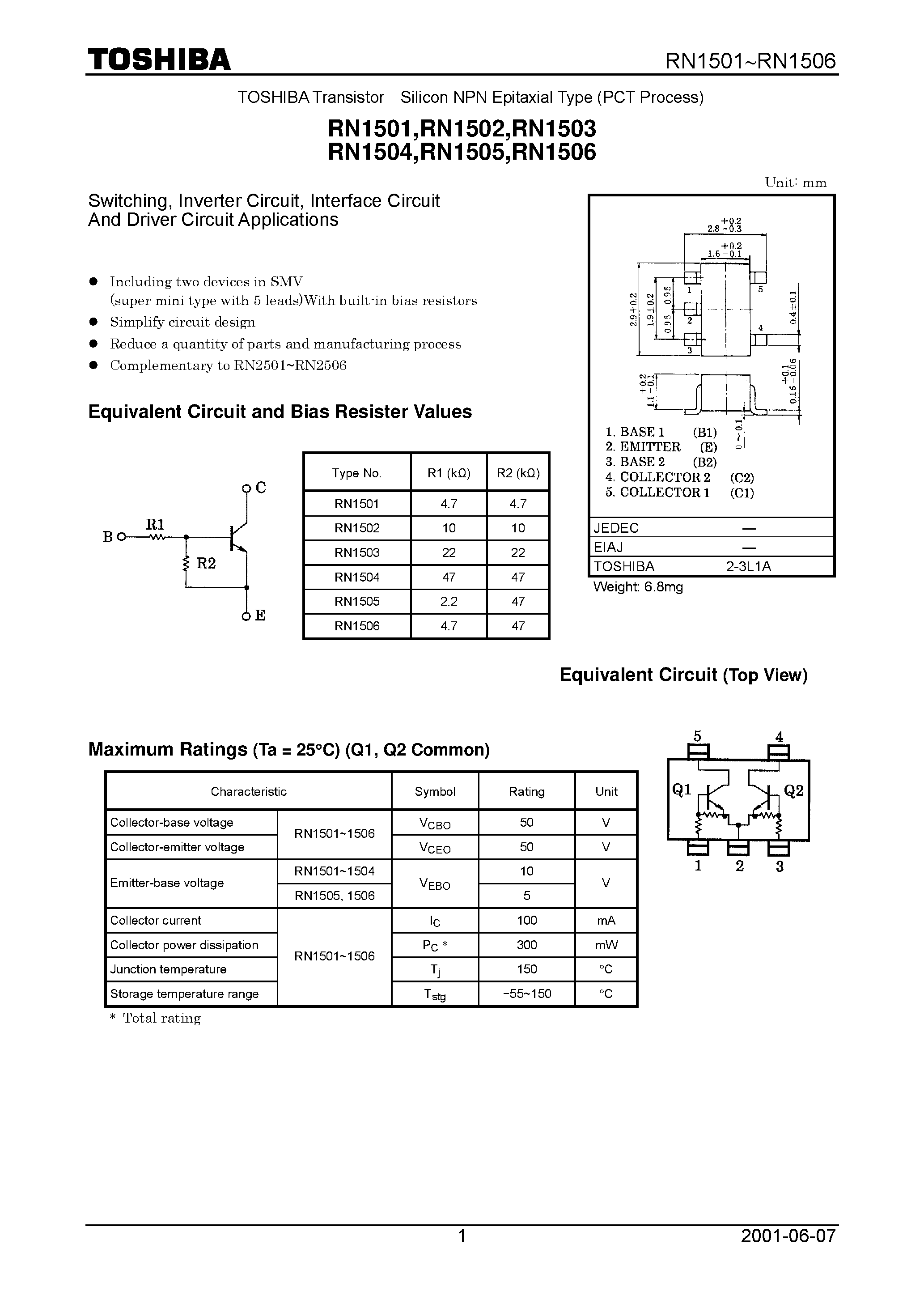 Datasheet RN1501 page 1 Datasheet RN1501 - Switching/ Inverter Circuit/ Interface Circuit And Driver Circuit Applications page 1