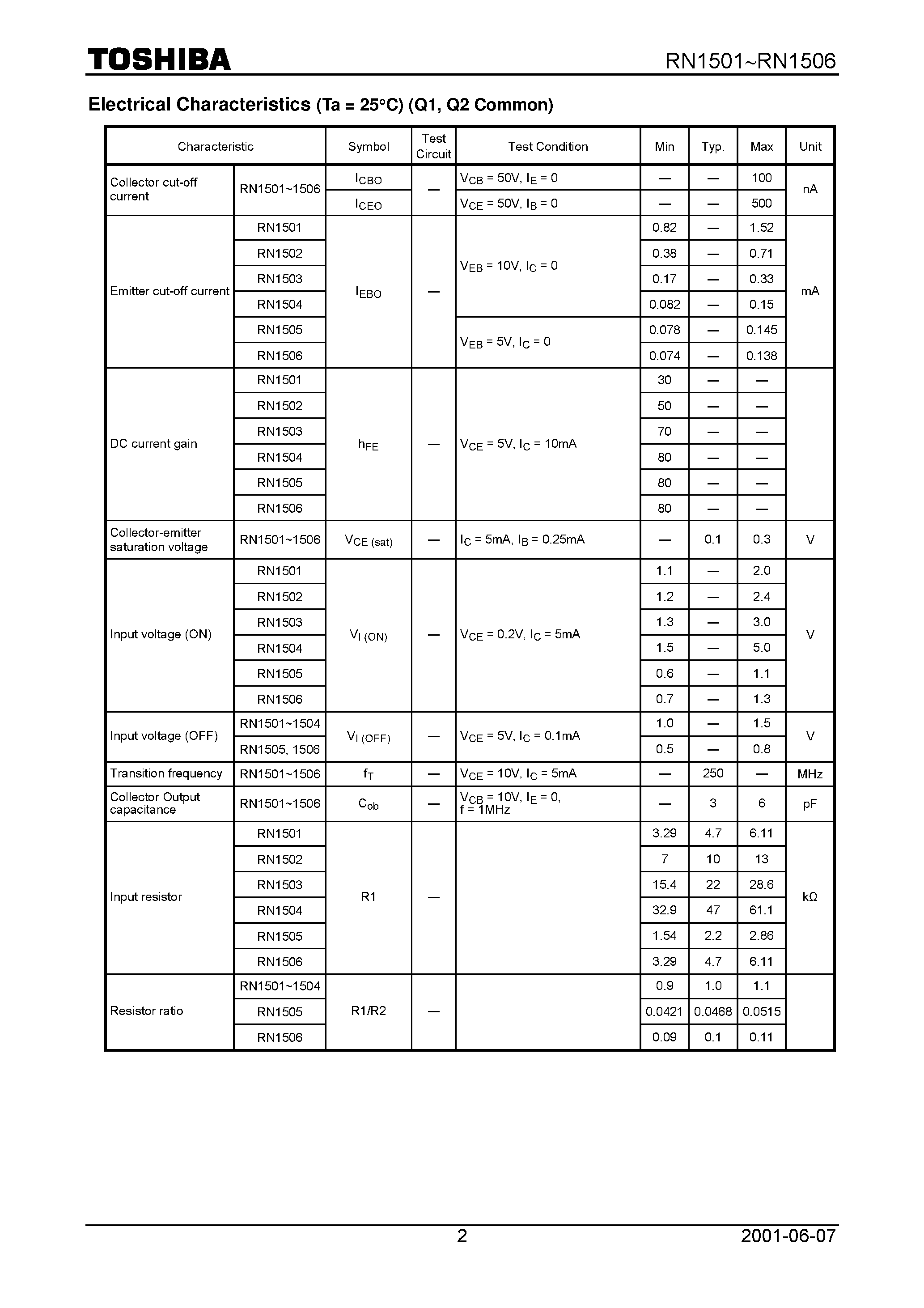 Datasheet RN1501 page 2 Datasheet RN1501 - Switching/ Inverter Circuit/ Interface Circuit And Driver Circuit Applications page 2