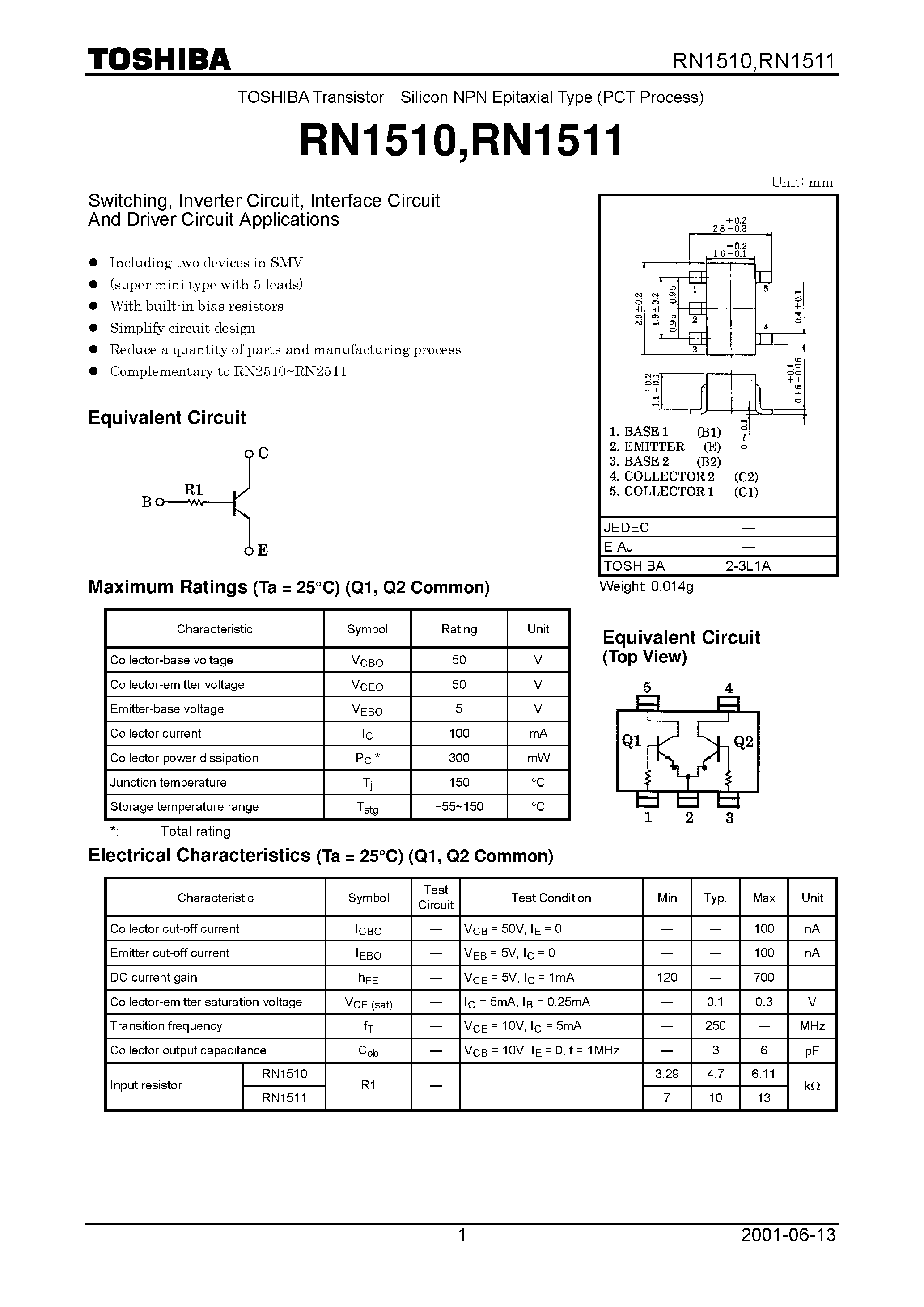 Datasheet RN1510 page 1 Datasheet RN1510 - Switching/ Inverter Circuit/ Interface Circuit And Driver Circuit Applications page 1