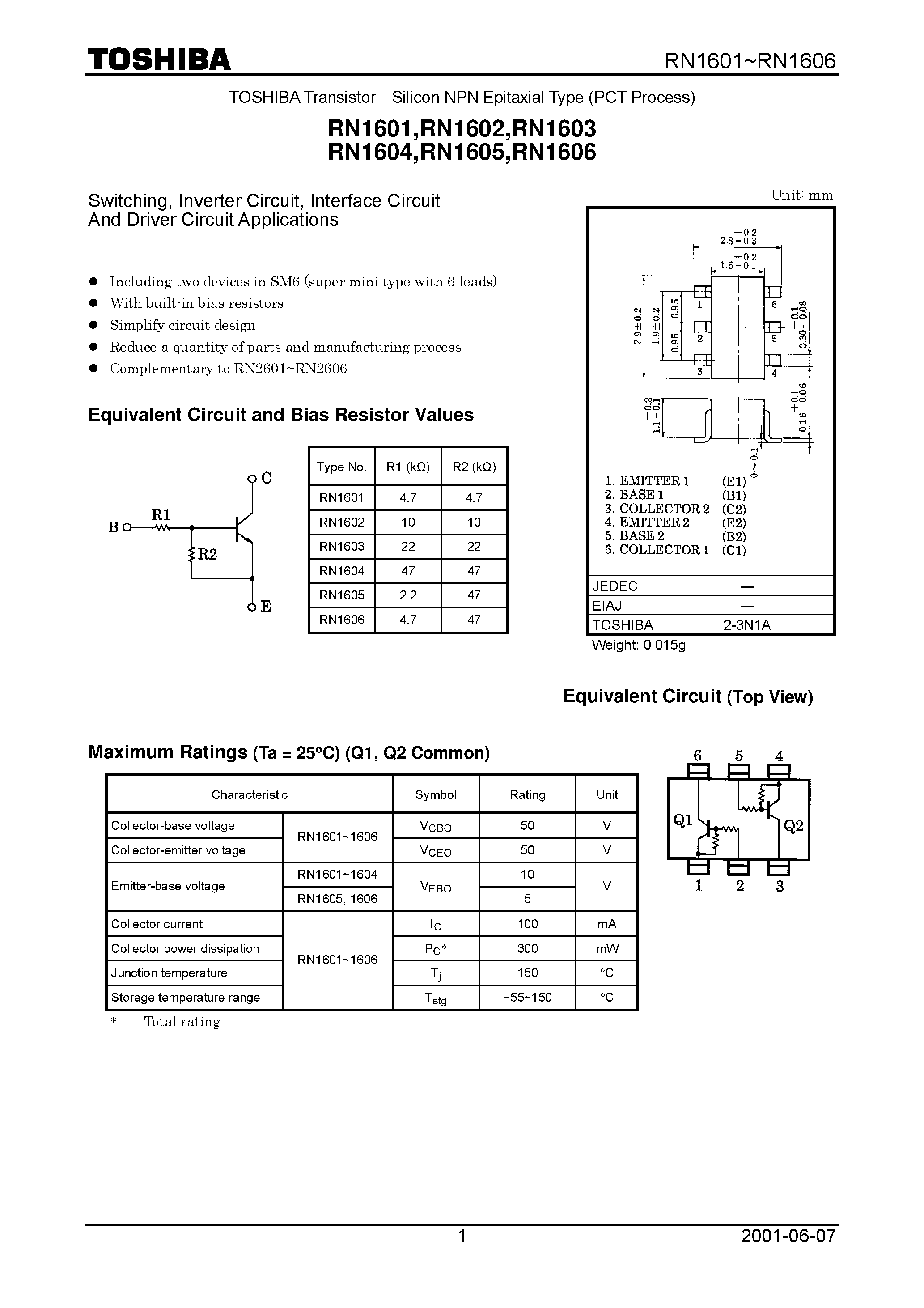 Datasheet RN1601 page 1 Datasheet RN1601 - Switching/ Inverter Circuit/ Interface Circuit And Driver Circuit Applications page 1