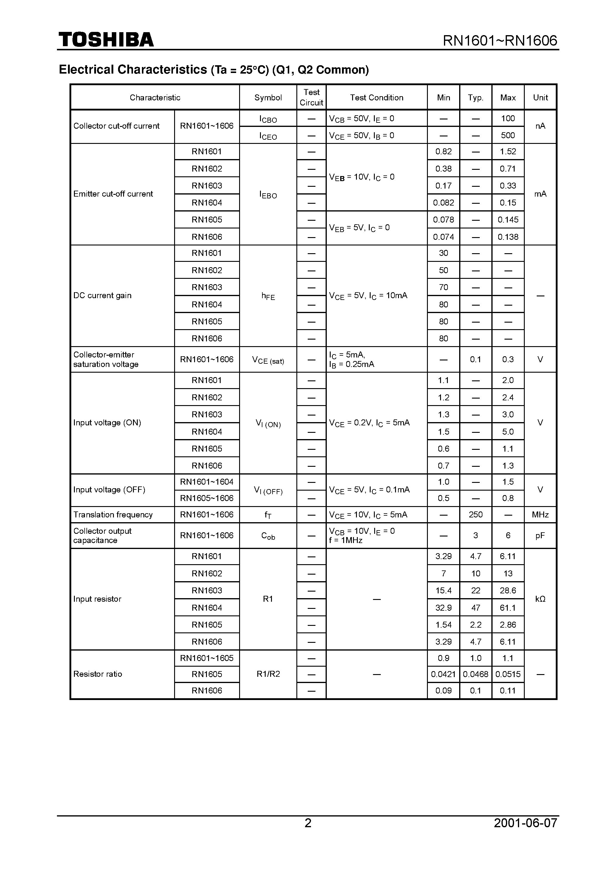 Datasheet RN1605 - Switching/ Inverter Circuit/ Interface Circuit And Driver Circuit Applications page 2