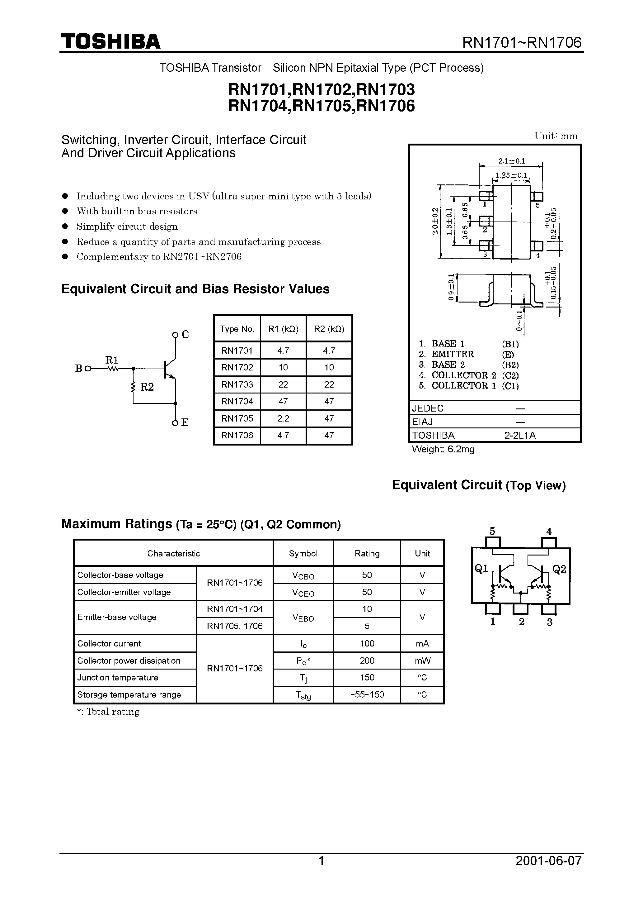 Datasheet RN1704 - Switching/ Inverter Circuit/ Interface Circuit And Driver Circuit Applications page 1
