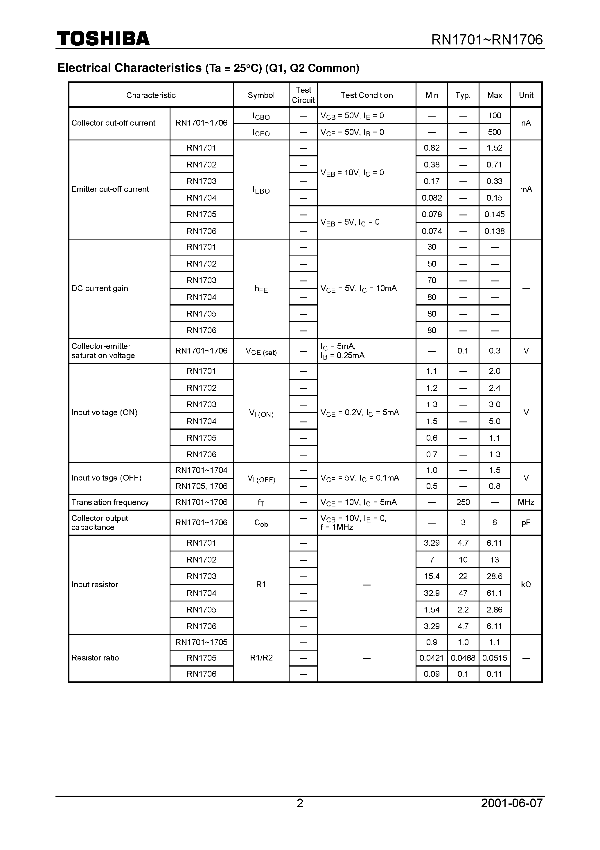Datasheet RN1706 page 2 Datasheet RN1706 - Switching/ Inverter Circuit/ Interface Circuit And Driver Circuit Applications page 2