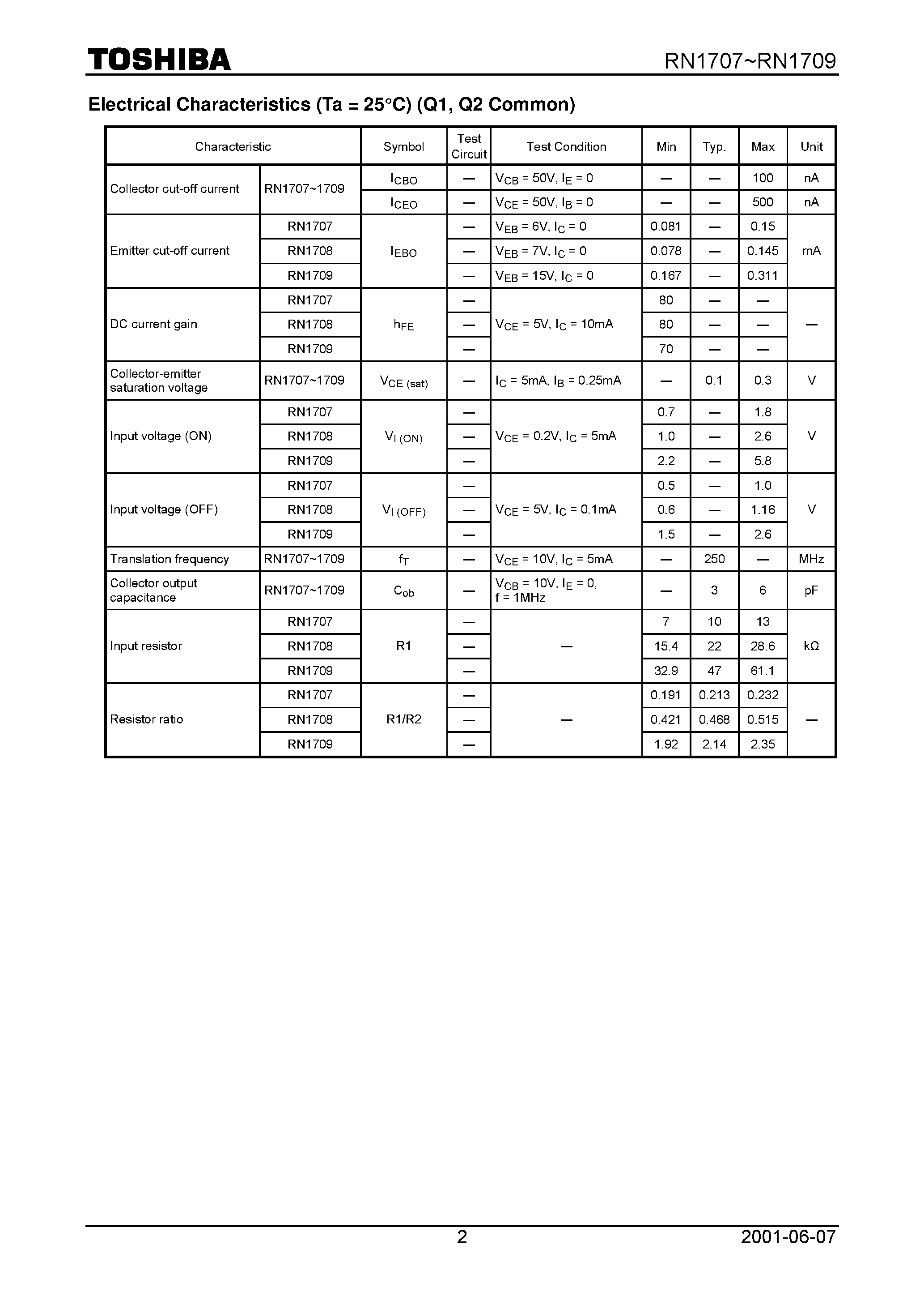 Datasheet RN1707 page 2 Datasheet RN1707 - Switching/ Inverter Circuit/ Interface Circuit And Driver Circuit Applications page 2