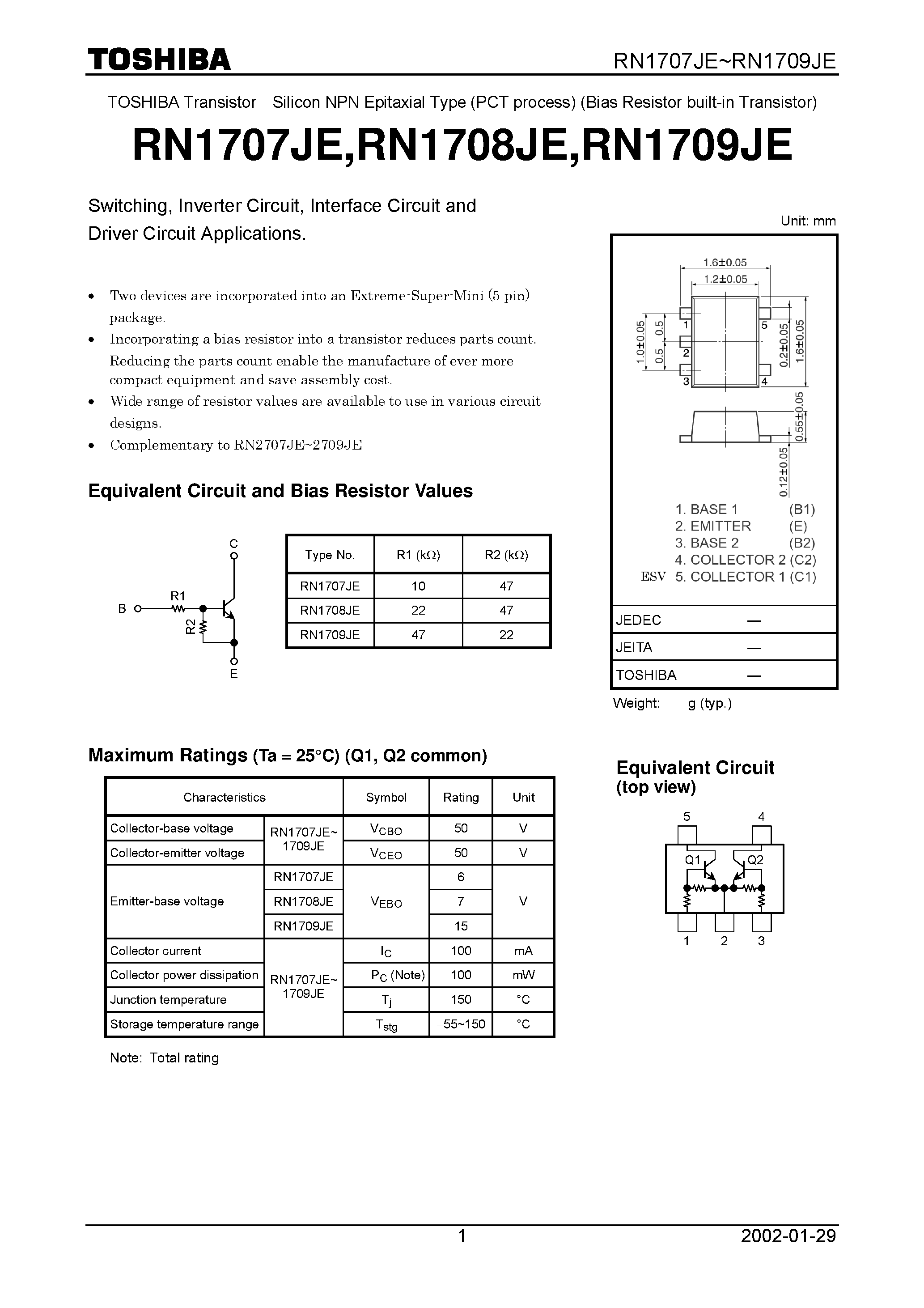 Datasheet RN1707JE page 1 Datasheet RN1707JE - Switching/ Inverter Circuit/ Interface Circuit and Driver Circuit Applications. page 1