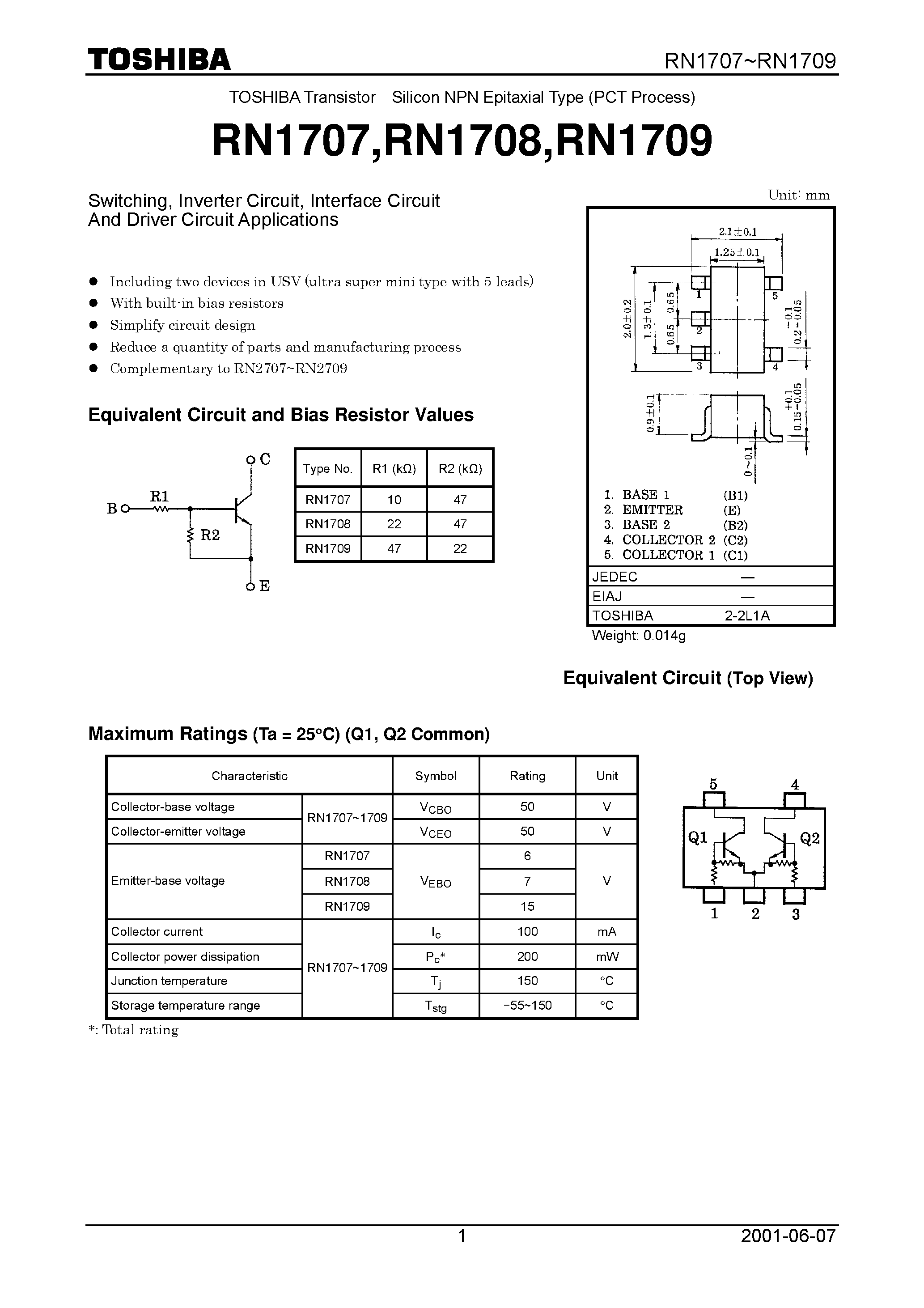 Datasheet RN1708 page 1 Datasheet RN1708 - Switching/ Inverter Circuit/ Interface Circuit And Driver Circuit Applications page 1