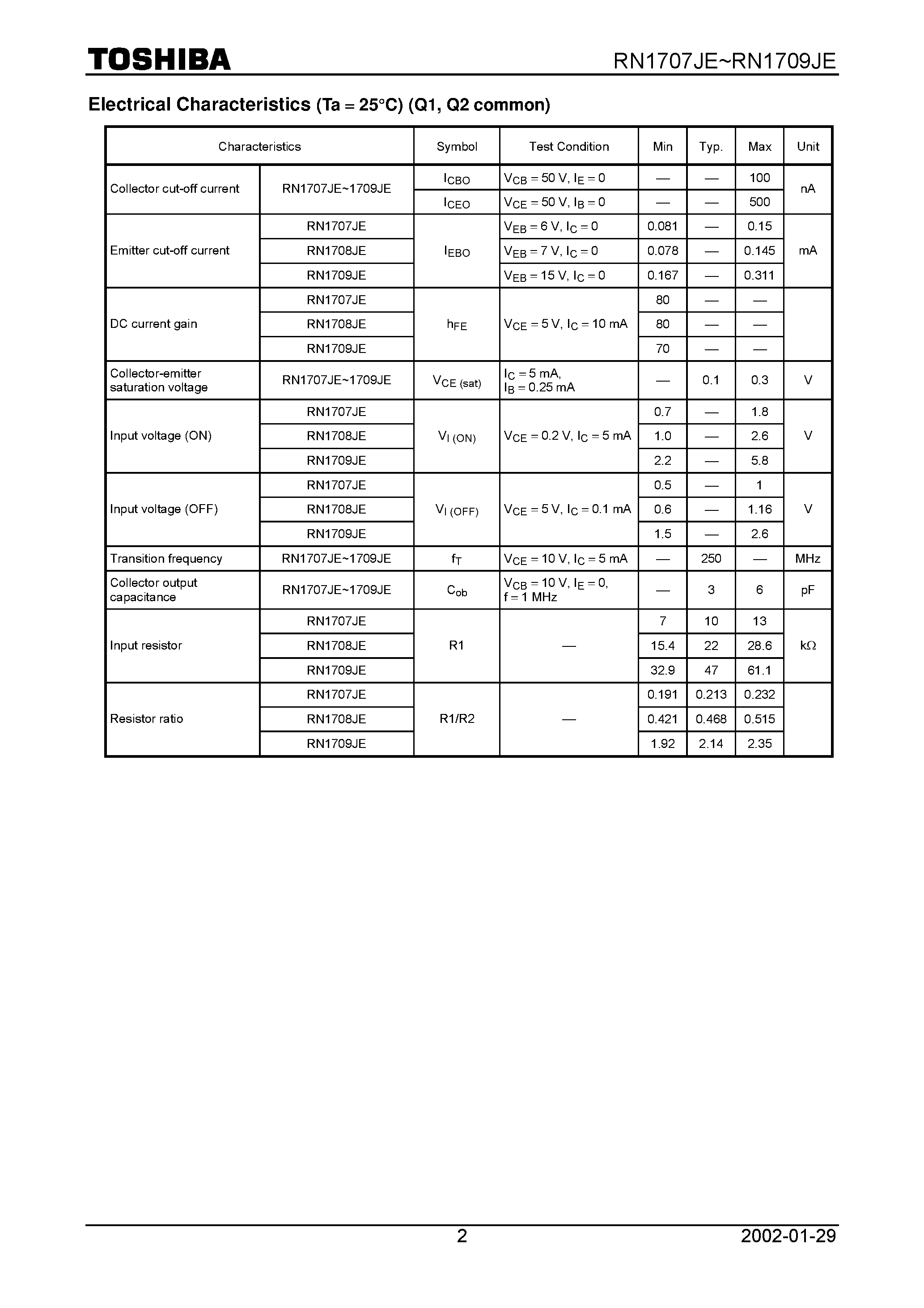 Datasheet RN1709JE page 2 Datasheet RN1709JE - Switching/ Inverter Circuit/ Interface Circuit and Driver Circuit Applications. page 2