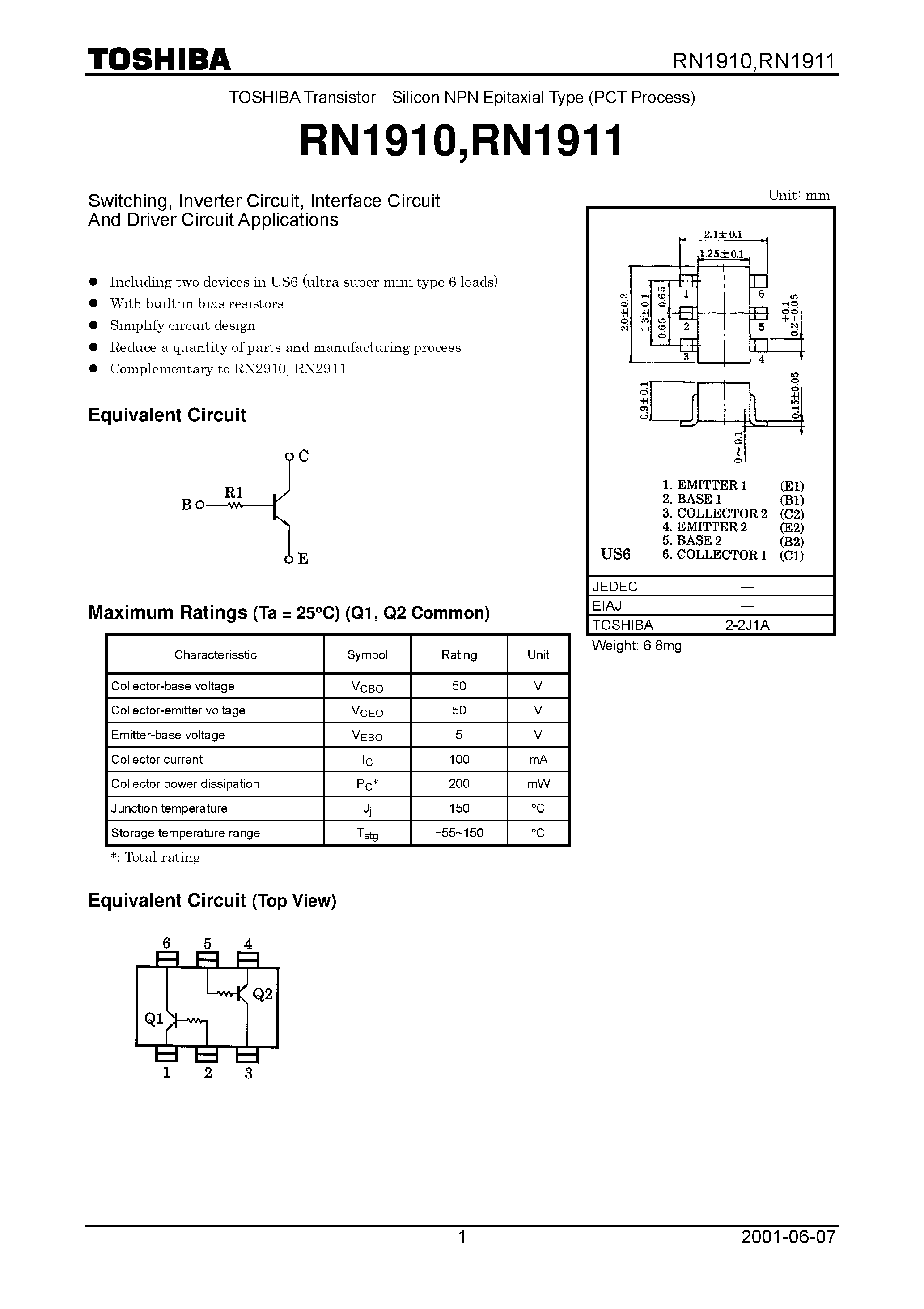 Datasheet RN1910 page 1 Datasheet RN1910 - Switching/ Inverter Circuit/ Interface Circuit And Driver Circuit Applications page 1