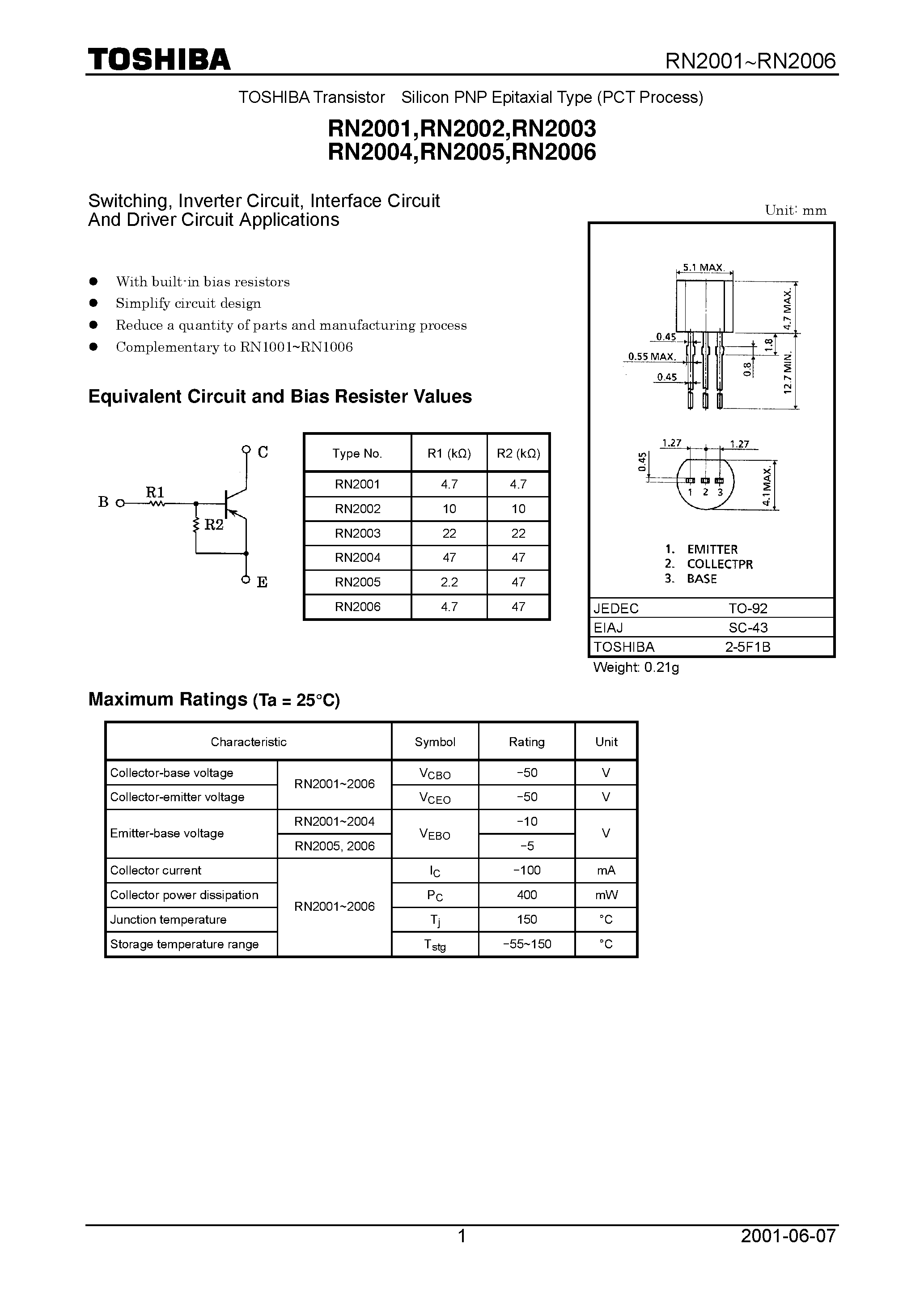 Datasheet RN2001 page 1 Datasheet RN2001 - Switching/ Inverter Circuit/ Interface Circuit And Driver Circuit Applications page 1