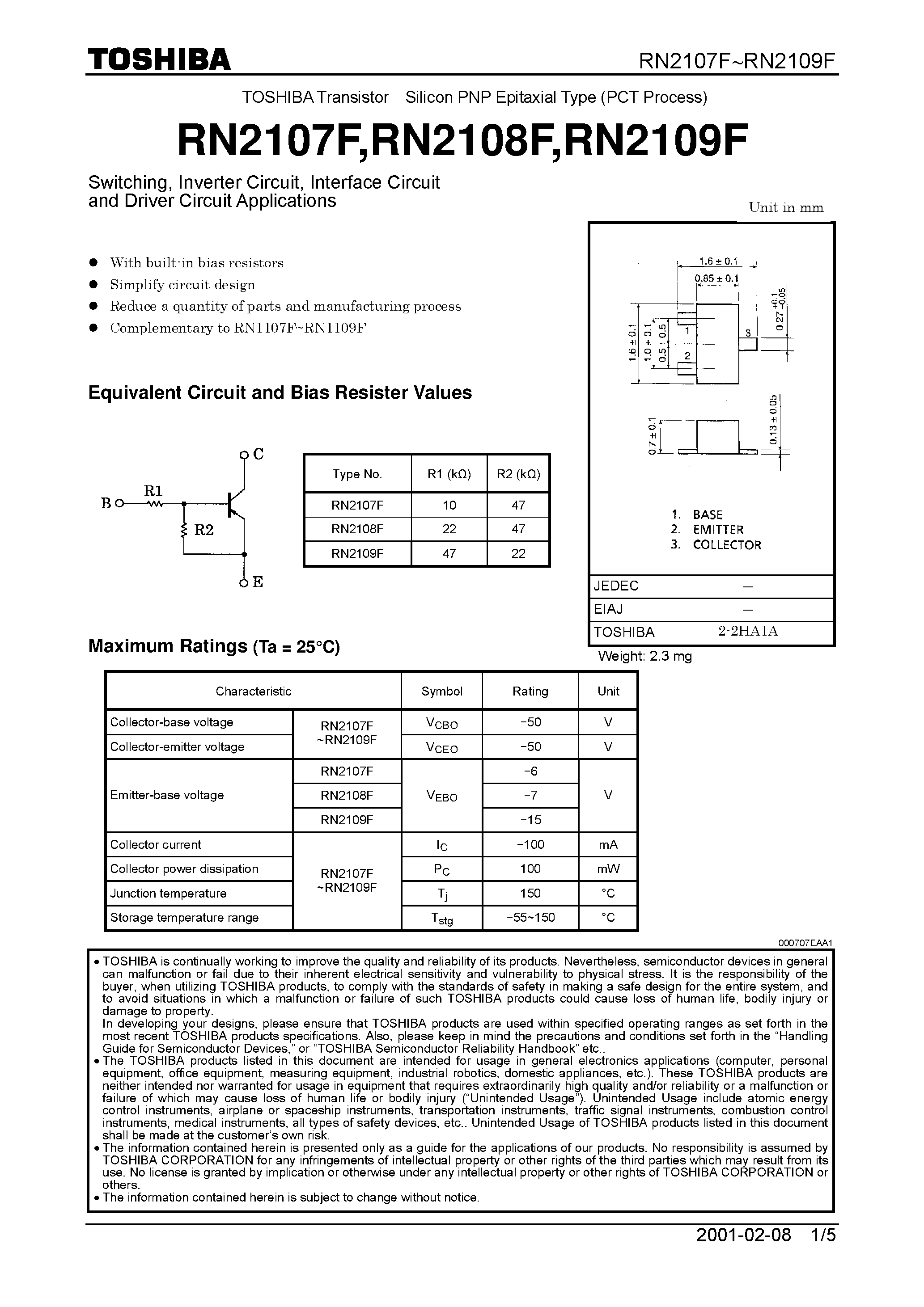 Datasheet RN2108F page 1 Datasheet RN2108F - Switching/ Inverter Circuit/ Interface Circuit and Driver Circuit Applications page 1