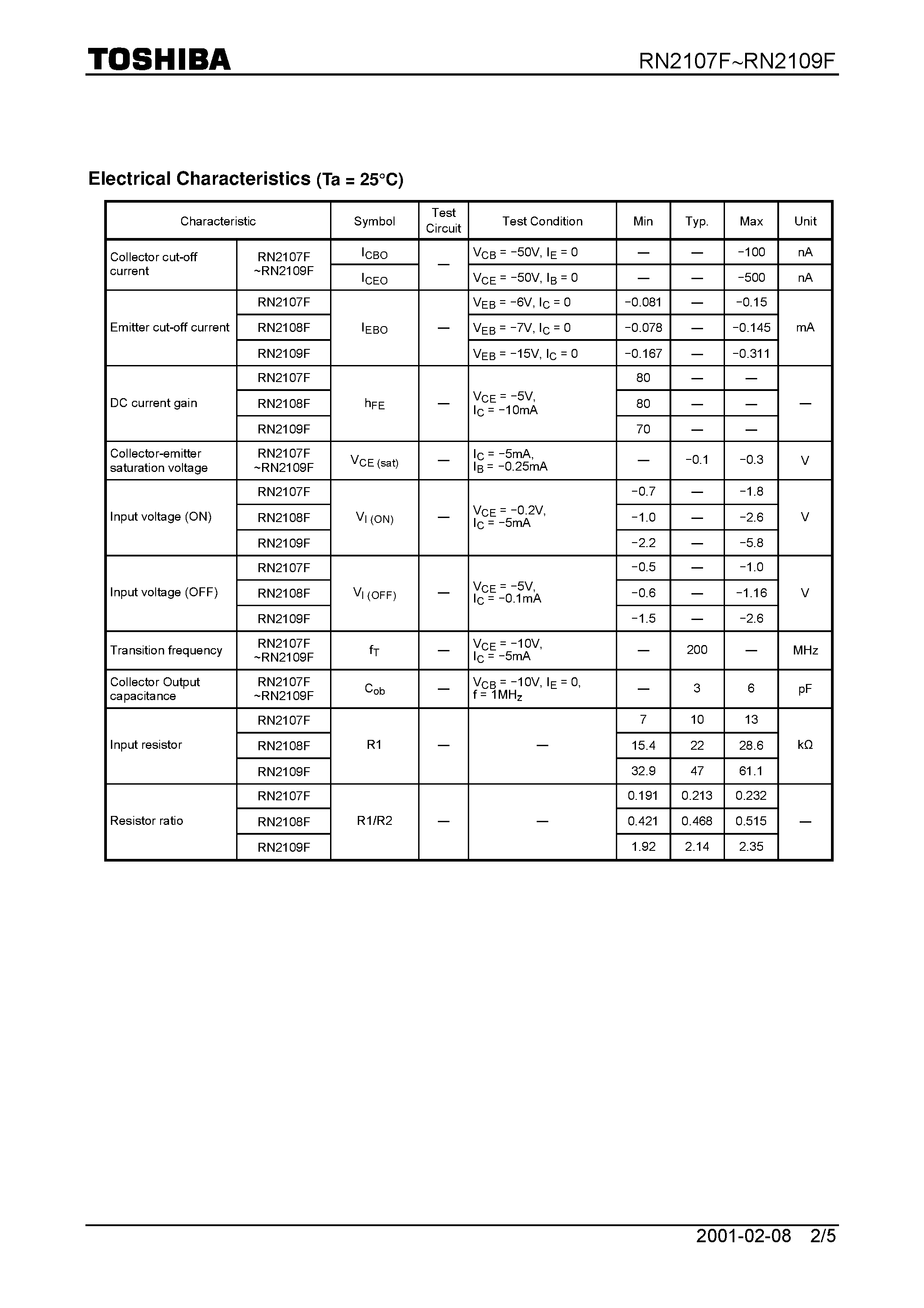 Datasheet RN2109F page 2 Datasheet RN2109F - Switching/ Inverter Circuit/ Interface Circuit and Driver Circuit Applications page 2