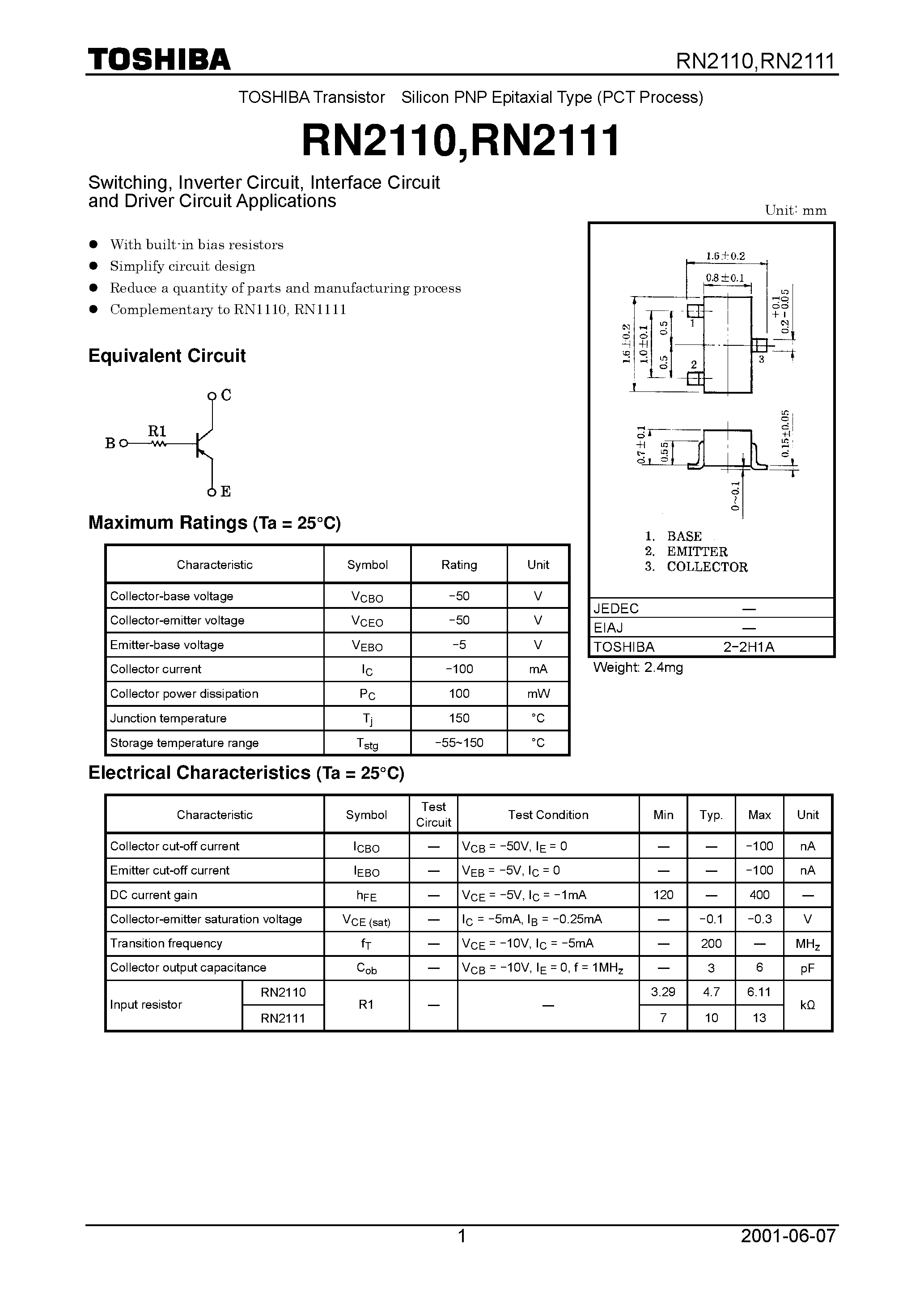 Datasheet RN2110 page 1 Datasheet RN2110 - Switching/ Inverter Circuit/ Interface Circuit and Driver Circuit Applications page 1