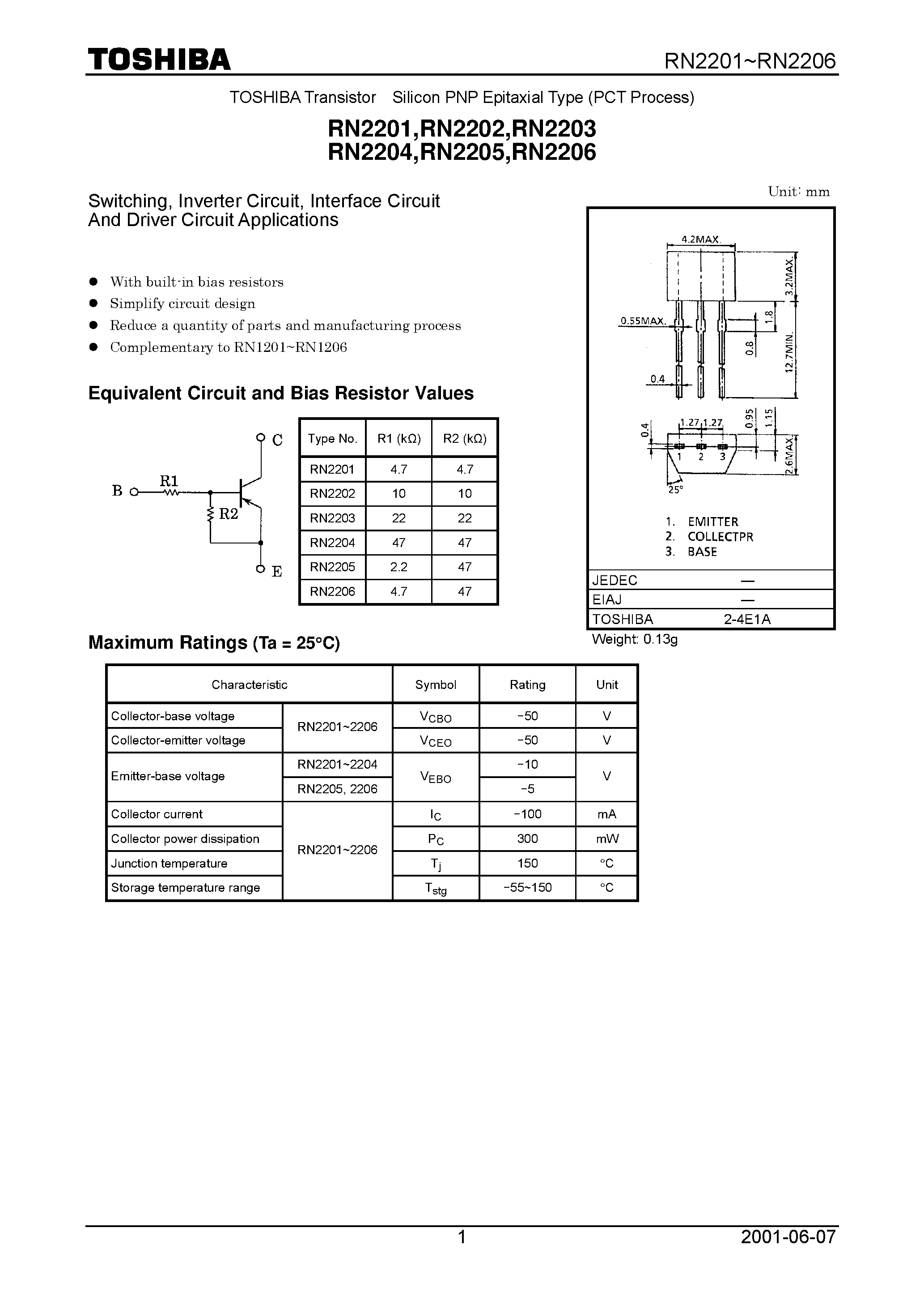 Datasheet RN2203 page 1 Datasheet RN2203 - Switching/ Inverter Circuit/ Interface Circuit And Driver Circuit Applications page 1
