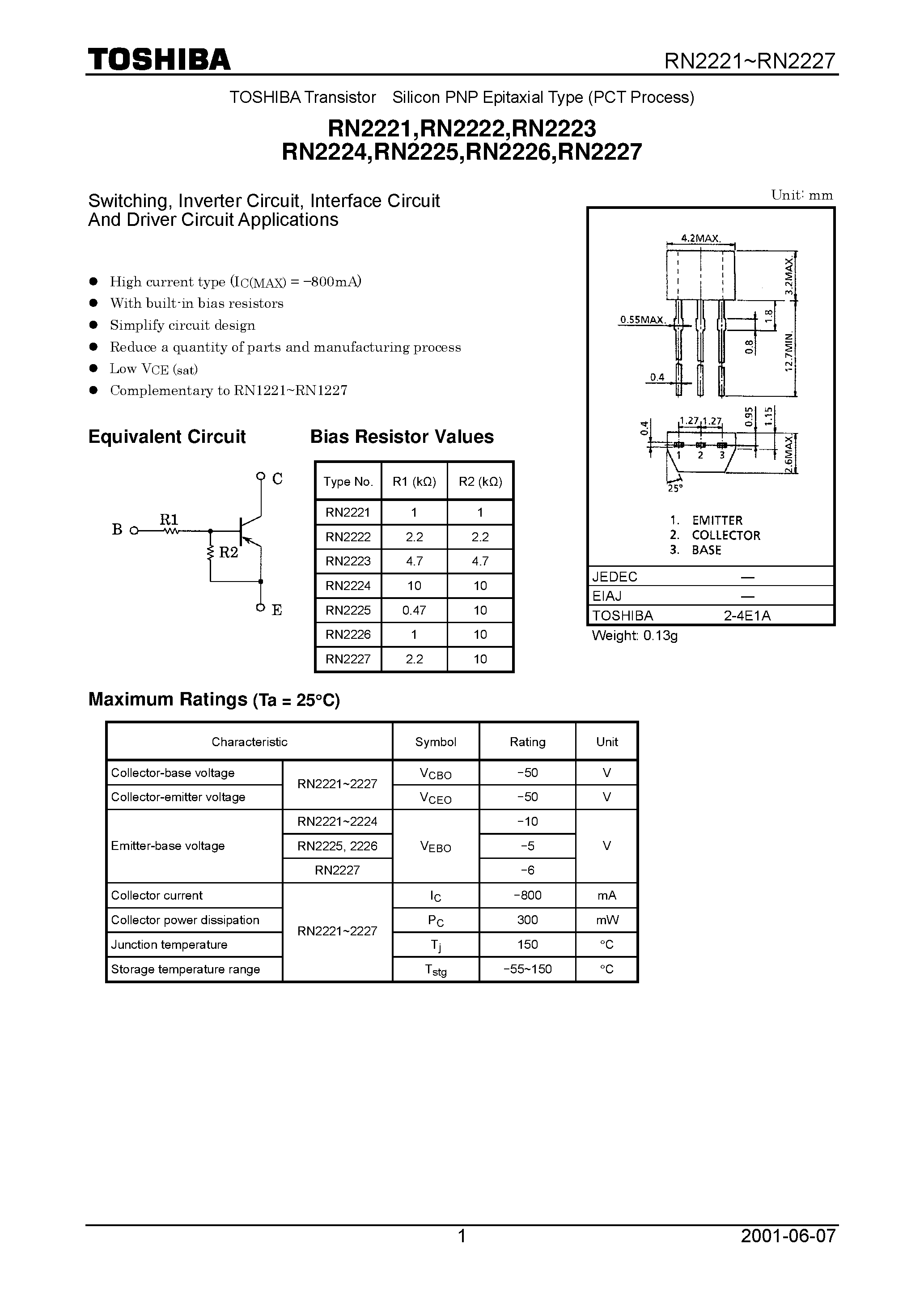 Datasheet RN2227 - Switching/ Inverter Circuit/ Interface Circuit And Driver Circuit Applications page 1