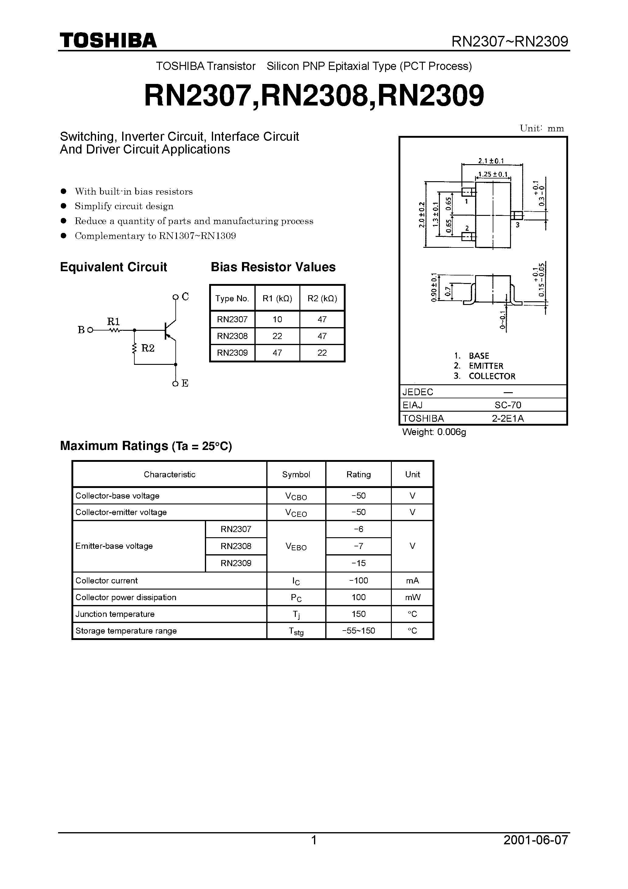 Datasheet RN2308 page 1 Datasheet RN2308 - Switching/ Inverter Circuit/ Interface Circuit And Driver Circuit Applications page 1