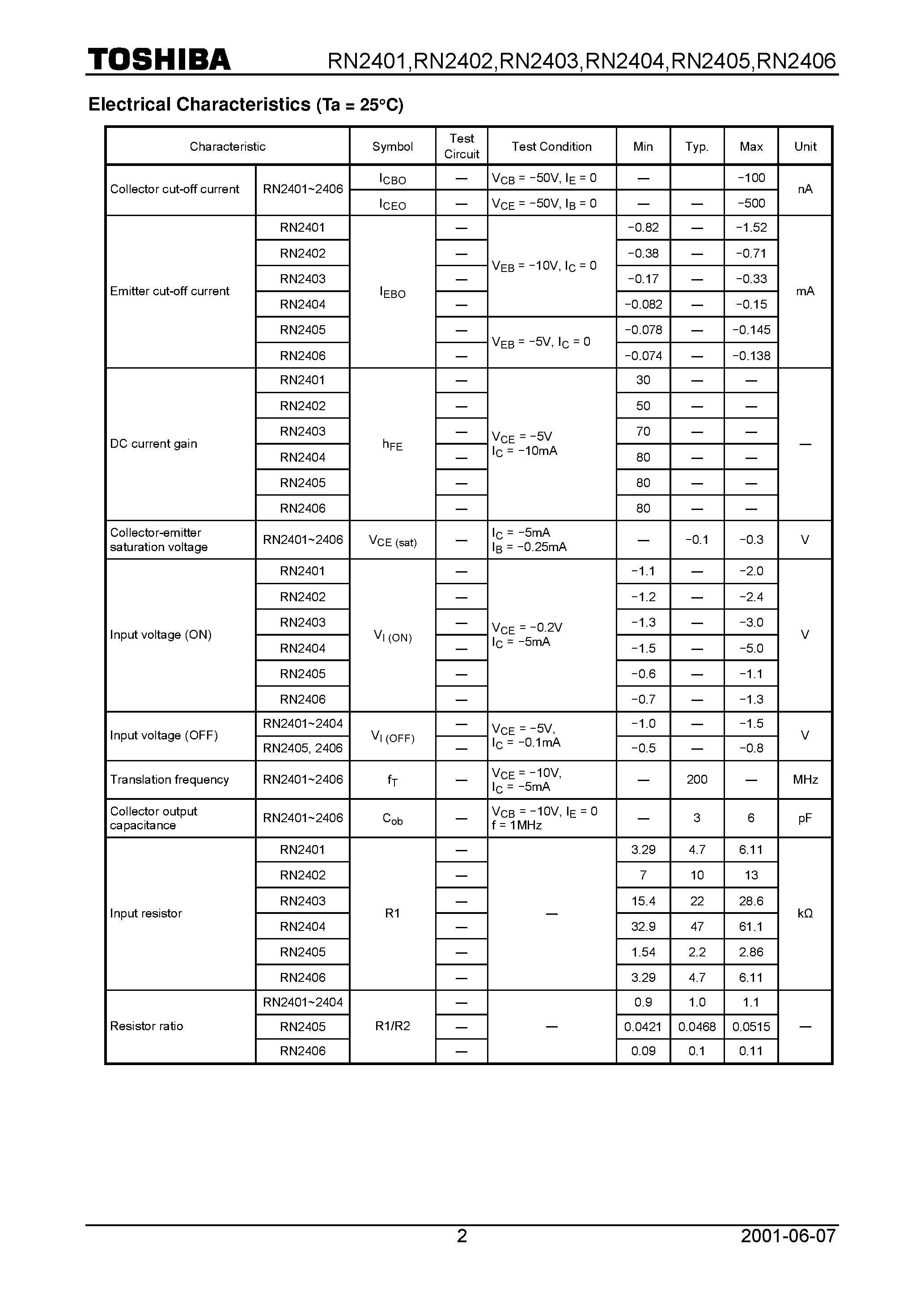 Datasheet RN2401 page 2 Datasheet RN2401 - Switching/ Inverter Circuit/ Interface Circuit And Driver Circuit Applications page 2