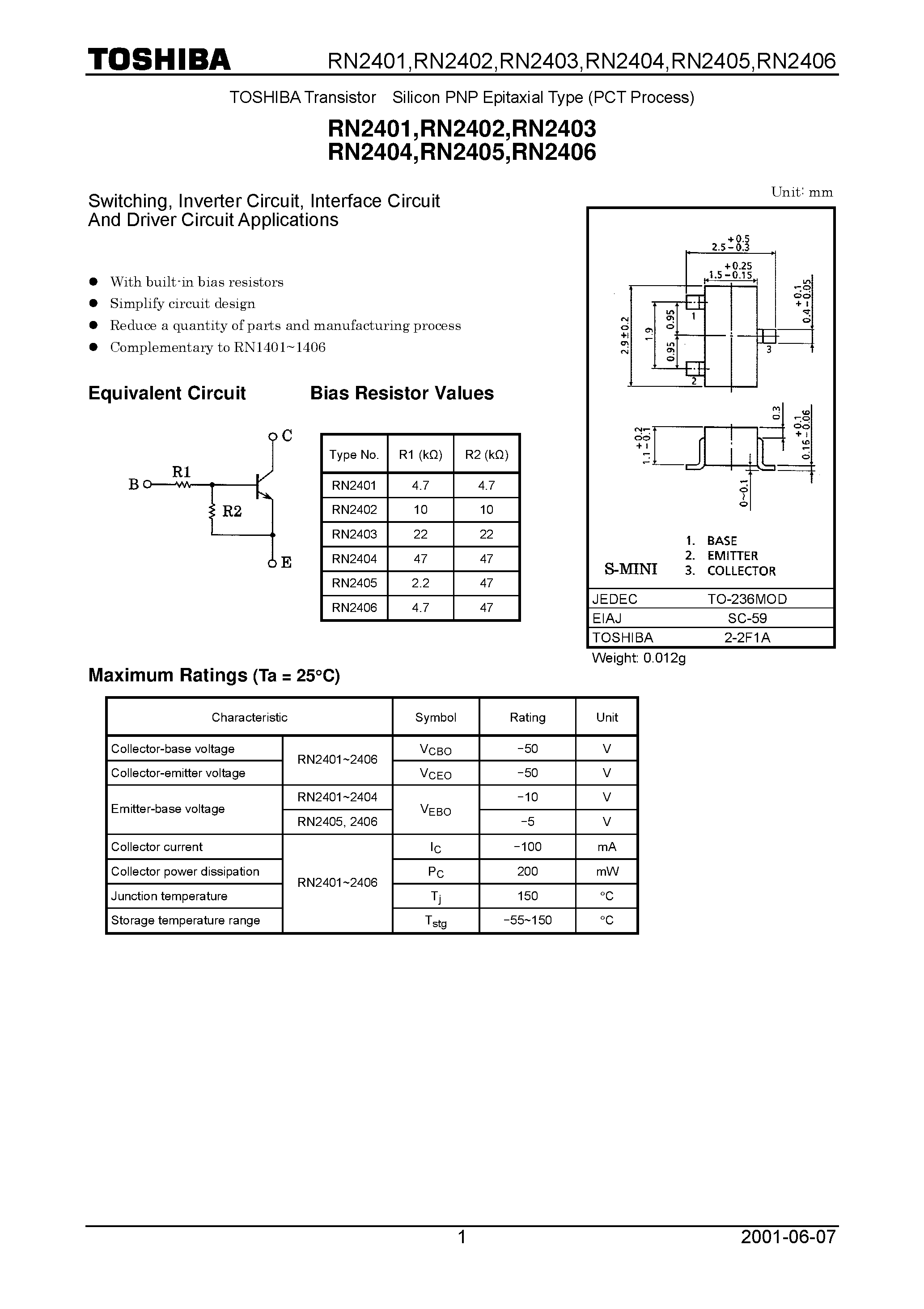 Datasheet RN2405 page 1 Datasheet RN2405 - Switching/ Inverter Circuit/ Interface Circuit And Driver Circuit Applications page 1