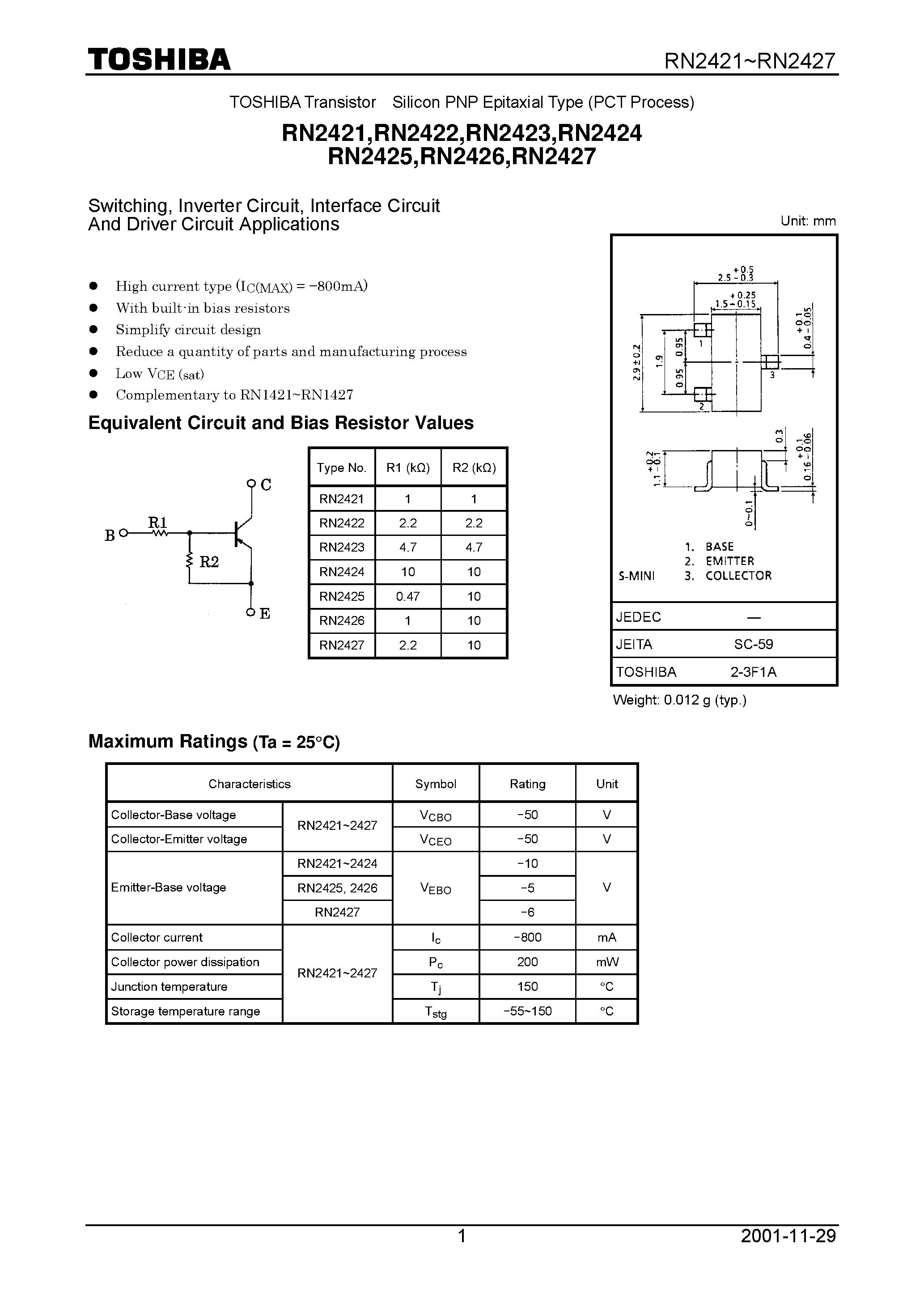 Datasheet RN2423 page 1 Datasheet RN2423 - PNP EPITAXIAL TYPE (SWITCHING/ INVERTER CIRCUIT/ INTERFACE CIRCUIT AND DRIVER CIRCUIT APPLICATIONS) page 1