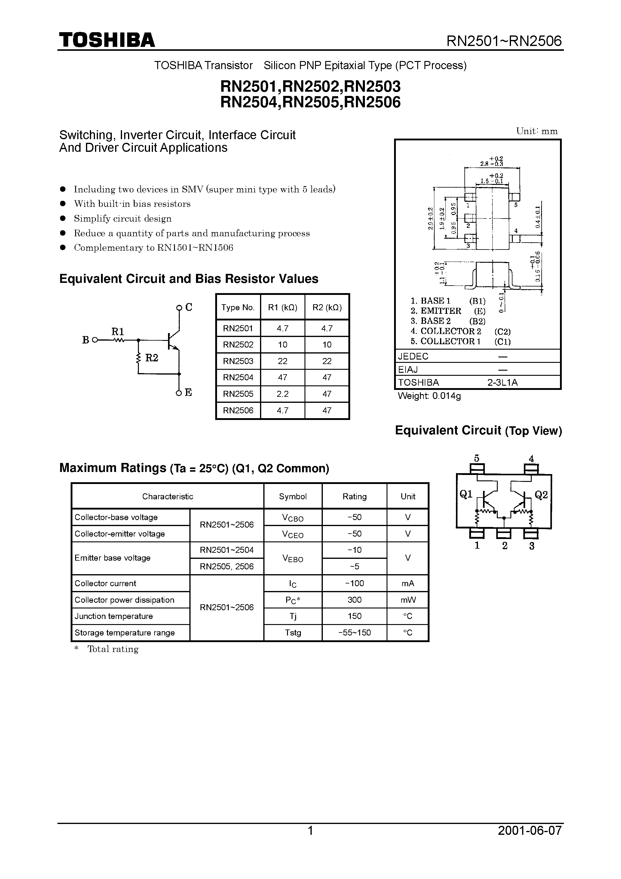 Datasheet RN2501 - Switching/ Inverter Circuit/ Interface Circuit And Driver Circuit Applications page 1