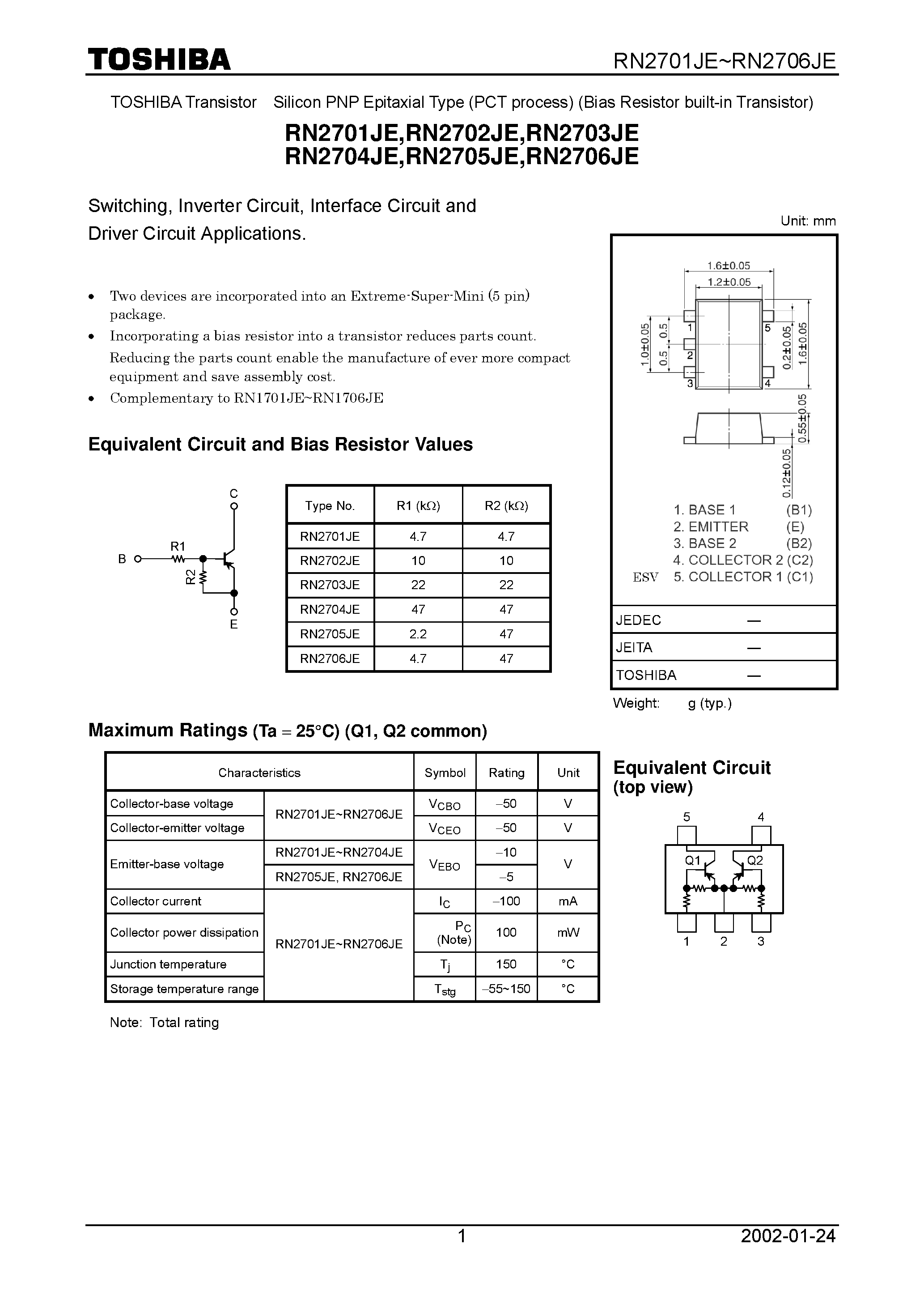 Datasheet RN2702JE page 1 Datasheet RN2702JE - Switching/ Inverter Circuit/ Interface Circuit and Driver Circuit Applications page 1
