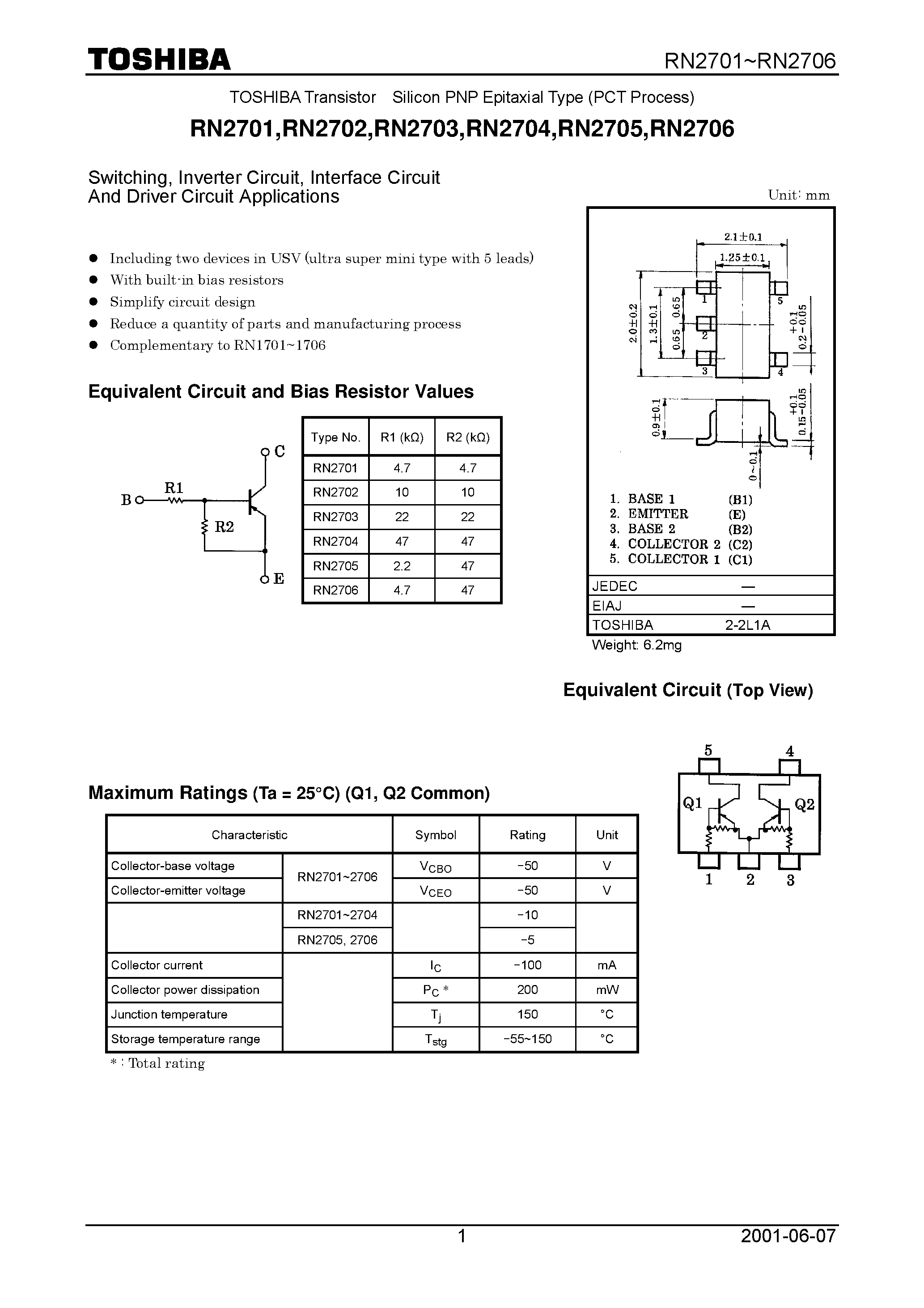 Datasheet RN2703 page 1 Datasheet RN2703 - Switching/ Inverter Circuit/ Interface Circuit And Driver Circuit Applications page 1