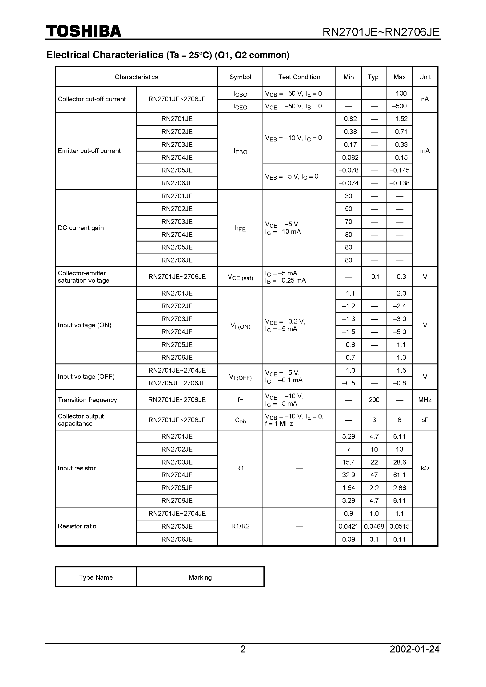 Datasheet RN2703JE page 2 Datasheet RN2703JE - Switching/ Inverter Circuit/ Interface Circuit and Driver Circuit Applications page 2