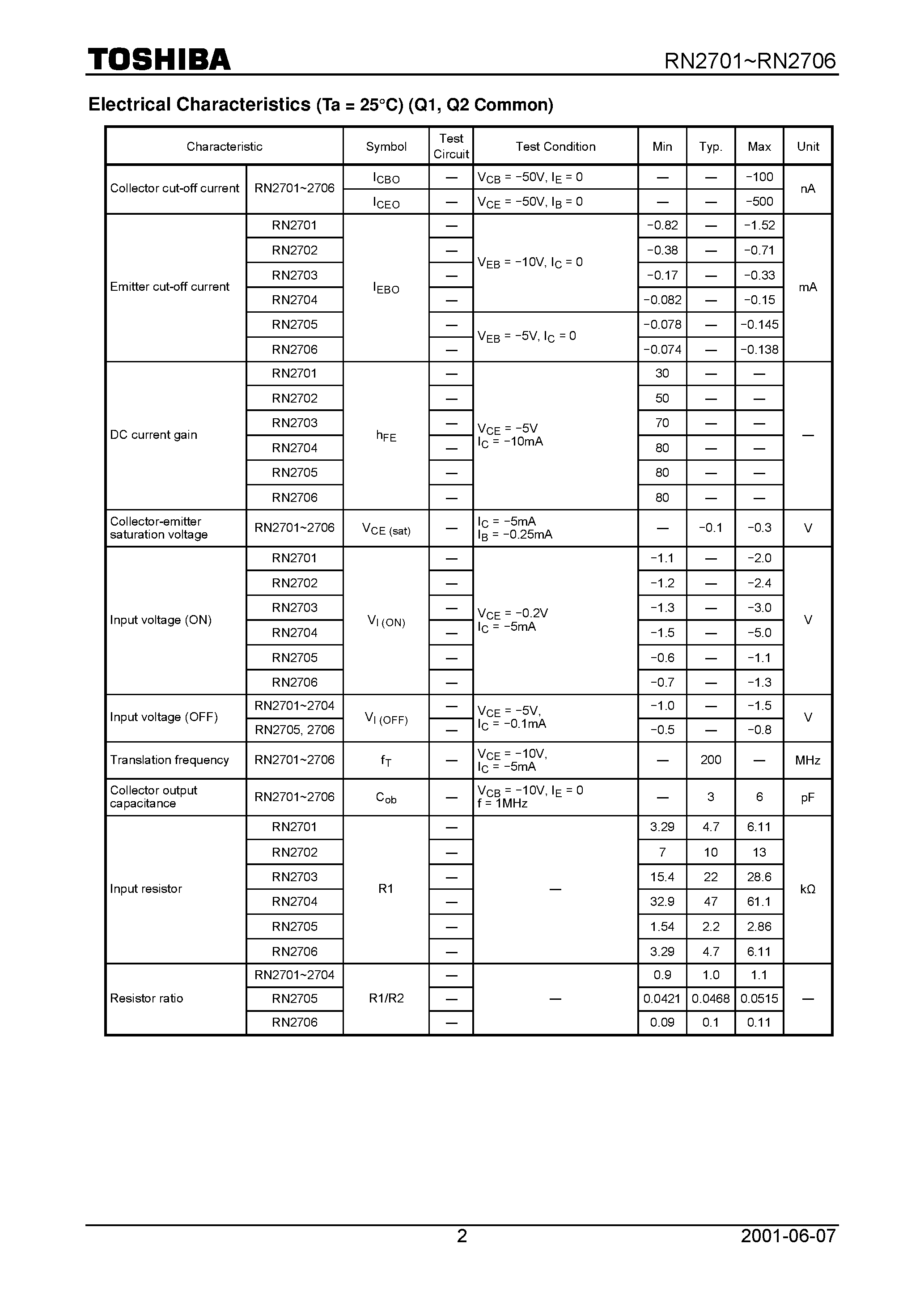 Datasheet RN2706 page 2 Datasheet RN2706 - Switching/ Inverter Circuit/ Interface Circuit And Driver Circuit Applications page 2