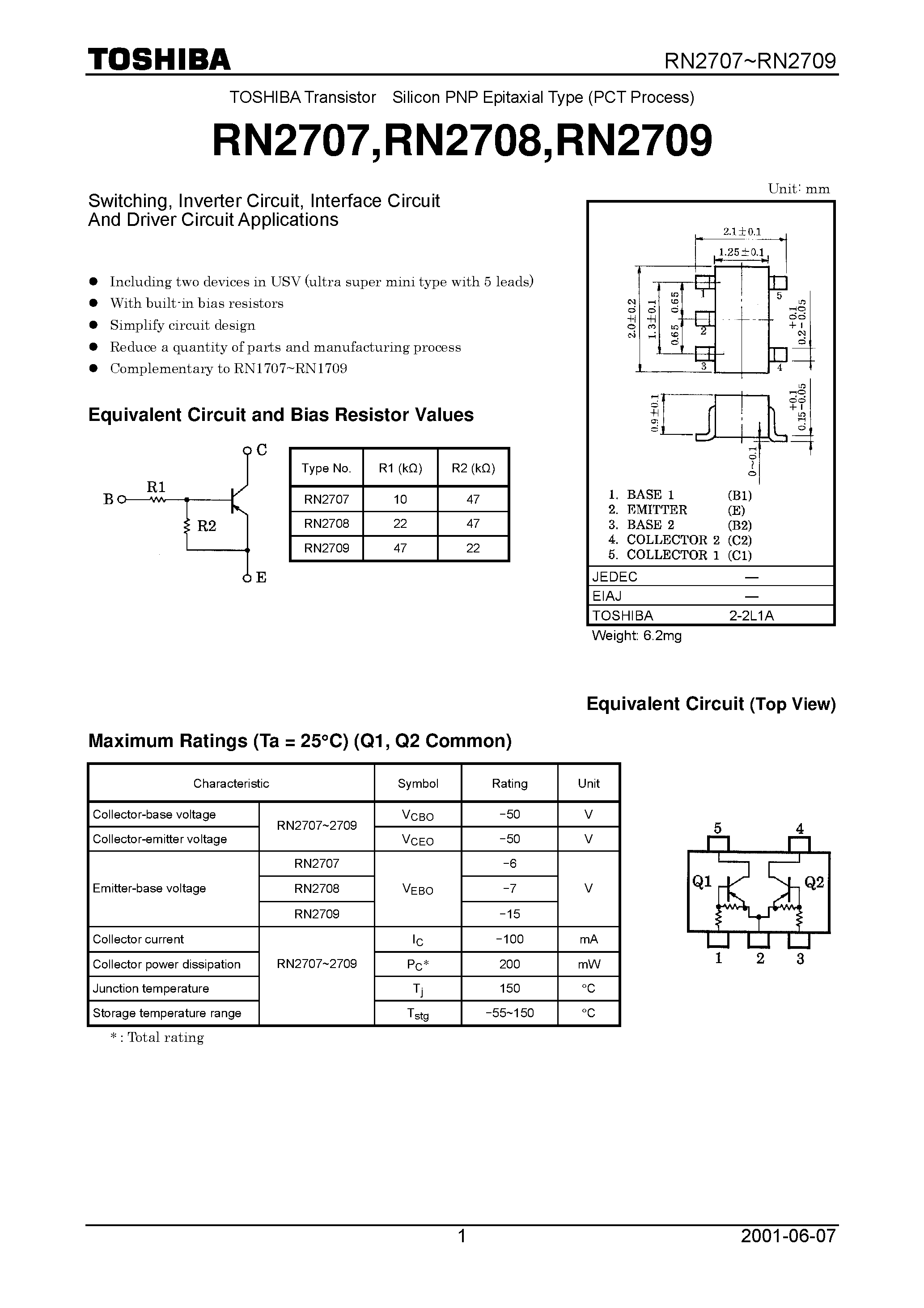 Datasheet RN2709 page 1 Datasheet RN2709 - Switching/ Inverter Circuit/ Interface Circuit And Driver Circuit Applications page 1
