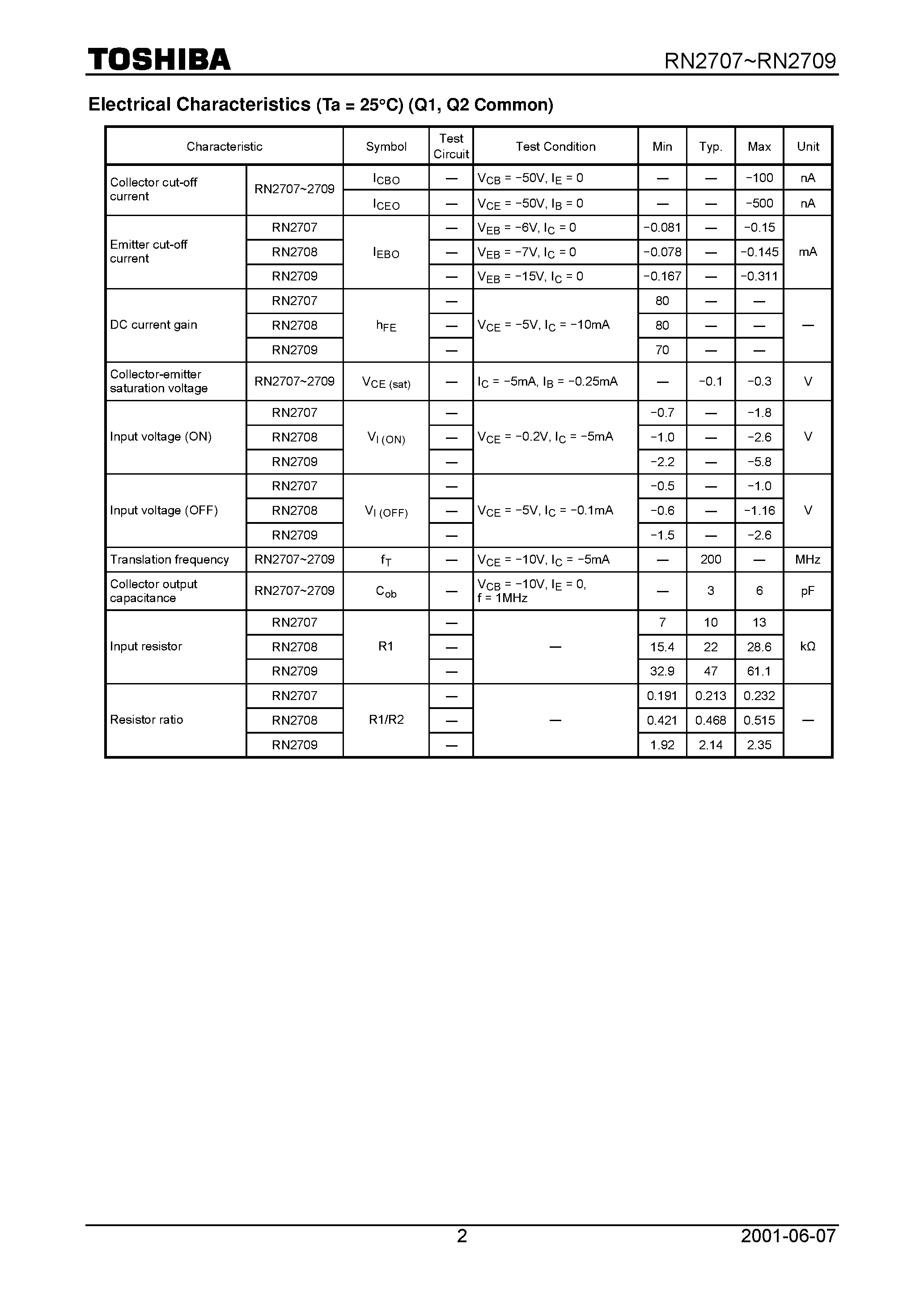 Datasheet RN2709 page 2 Datasheet RN2709 - Switching/ Inverter Circuit/ Interface Circuit And Driver Circuit Applications page 2