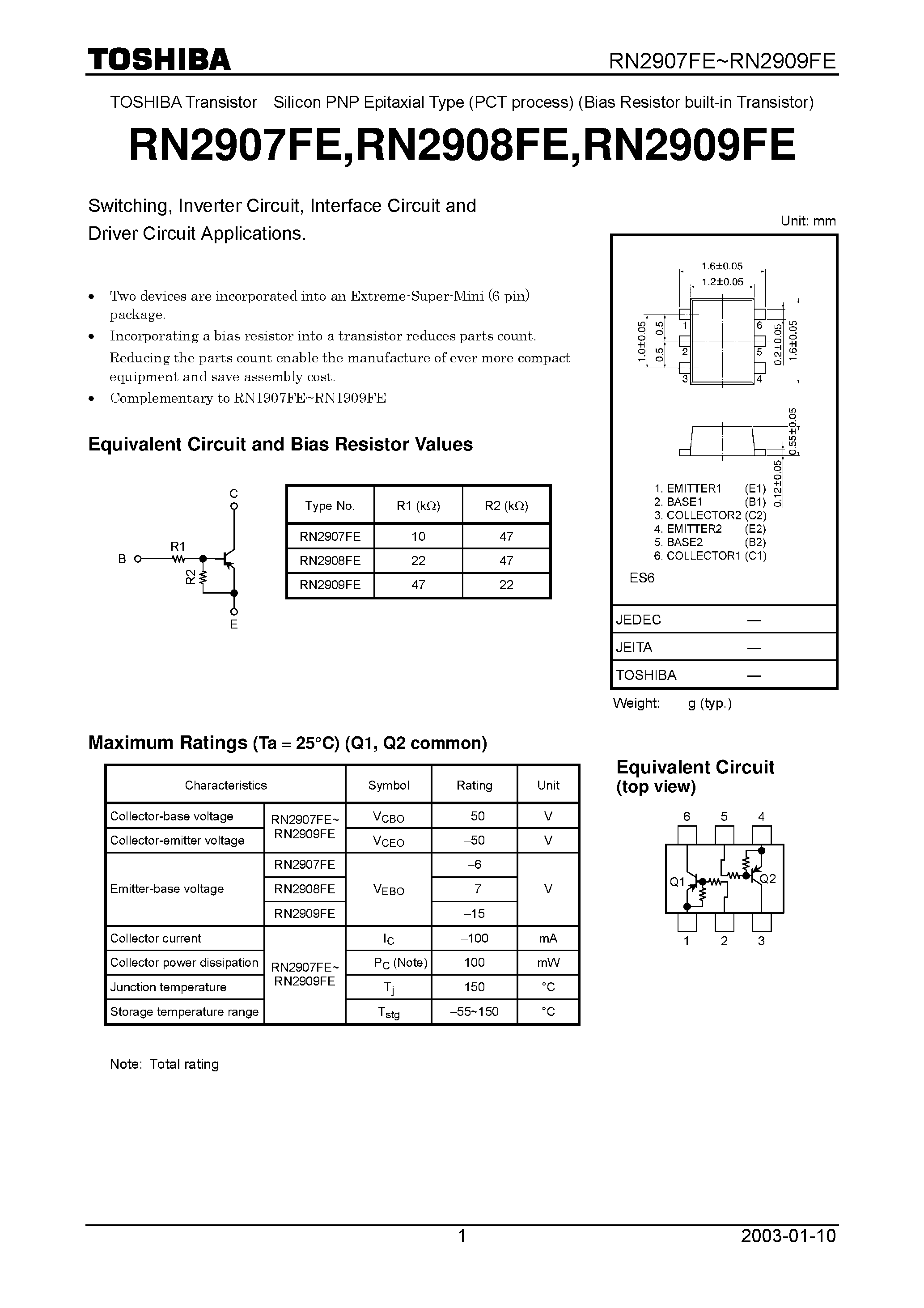 Datasheet RN2907FE - TOSHIBA Transistor Silicon PNP Epitaxial Type (PCT process) (Bias Resistor built-in Transistor) page 1