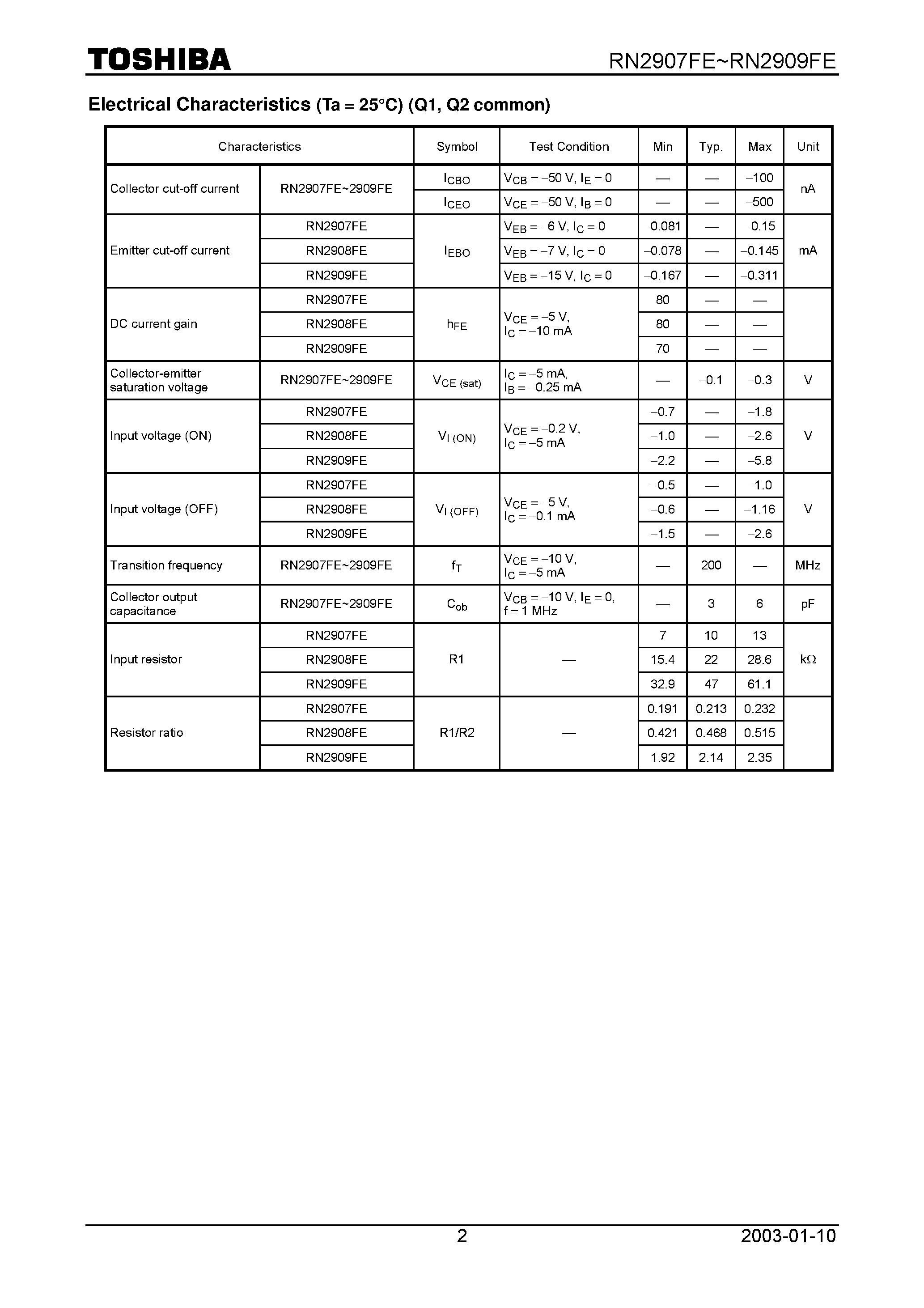 Datasheet RN2909FE - TOSHIBA Transistor Silicon PNP Epitaxial Type (PCT process) (Bias Resistor built-in Transistor) page 2