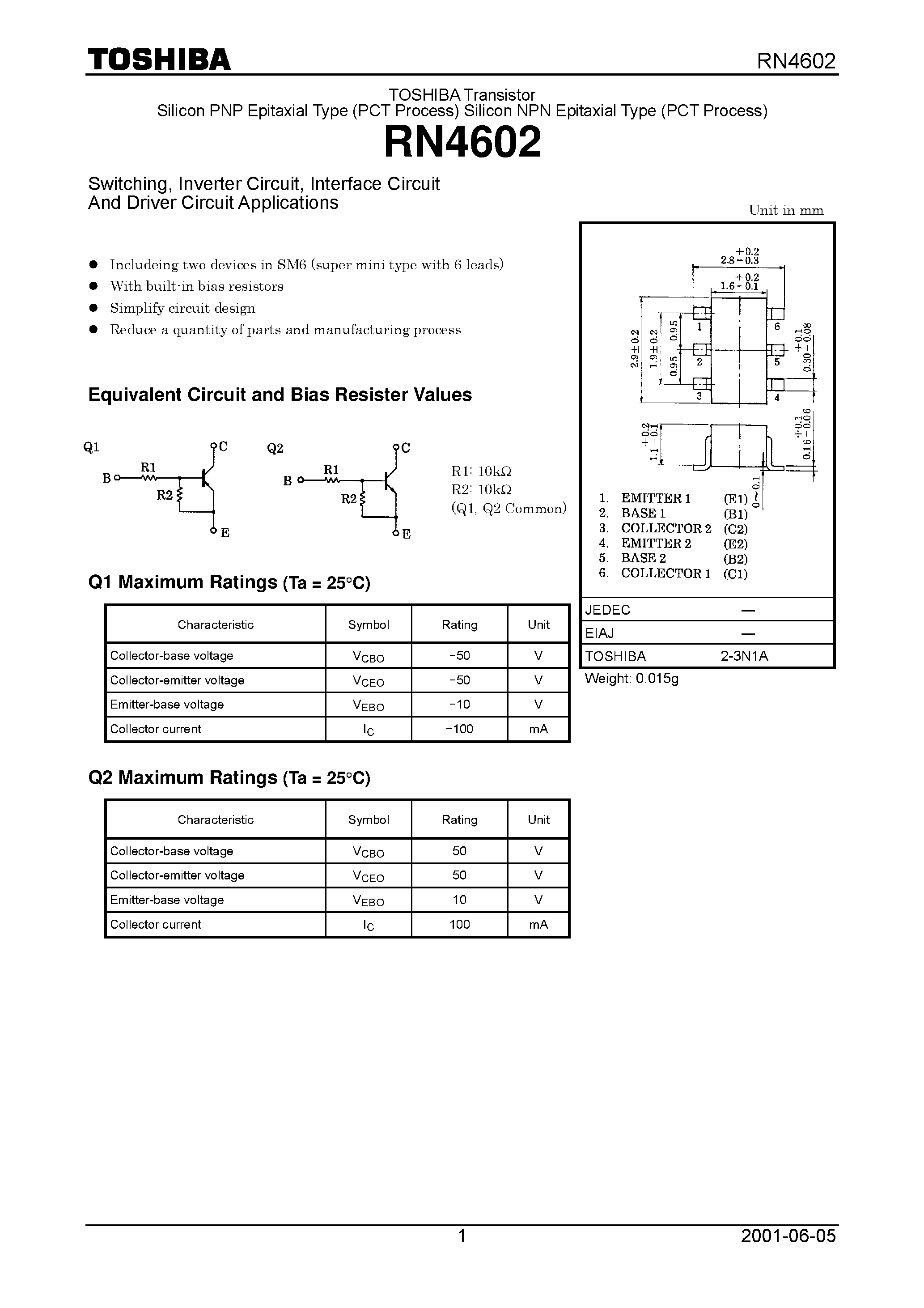 Datasheet RN4602 page 1 Datasheet RN4602 - Switching/ Inverter Circuit/ Interface Circuit And Driver Circuit Applications page 1