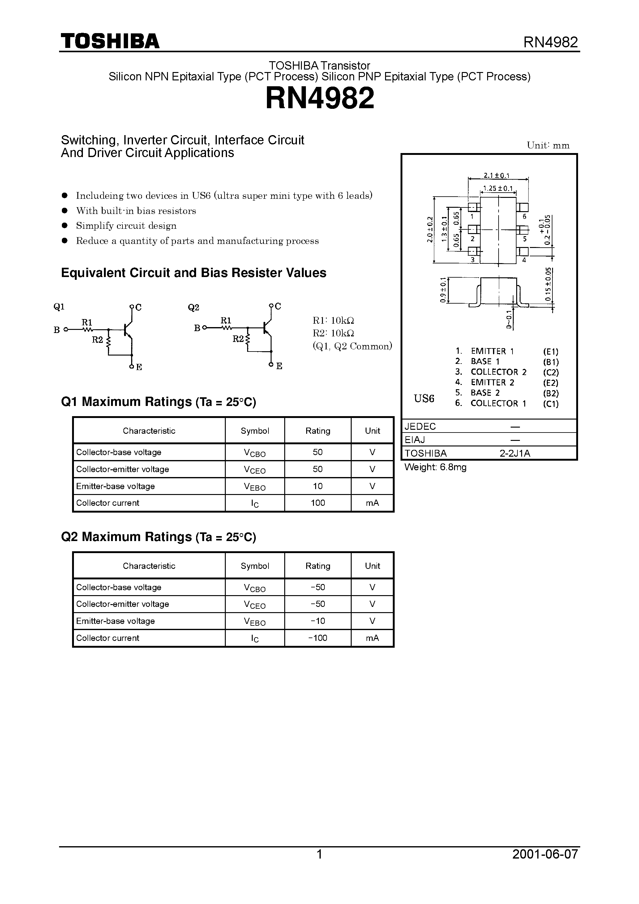 Datasheet RN4982 page 1 Datasheet RN4982 - Switching/ Inverter Circuit/ Interface Circuit And Driver Circuit Applications page 1