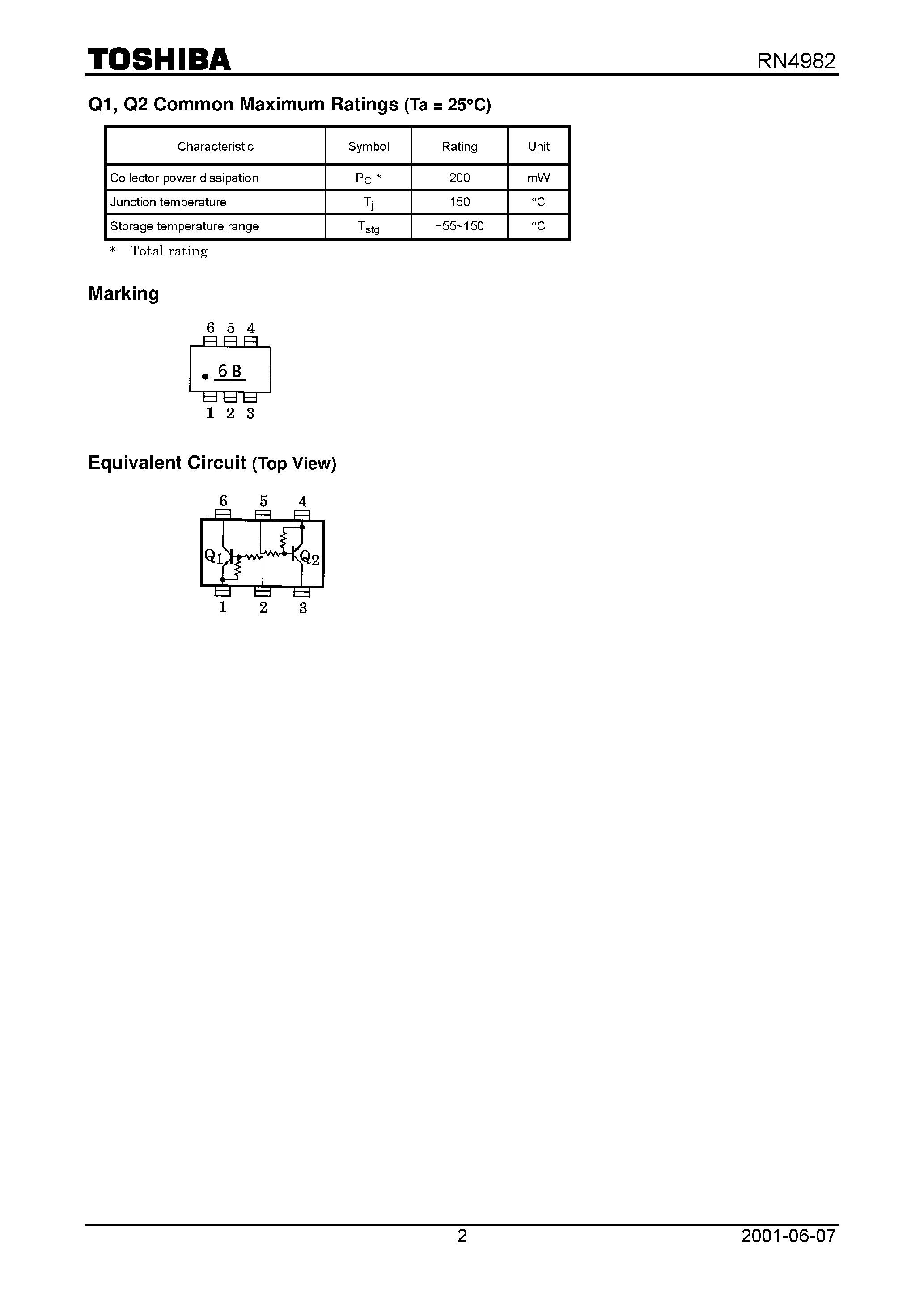 Datasheet RN4982 page 2 Datasheet RN4982 - Switching/ Inverter Circuit/ Interface Circuit And Driver Circuit Applications page 2